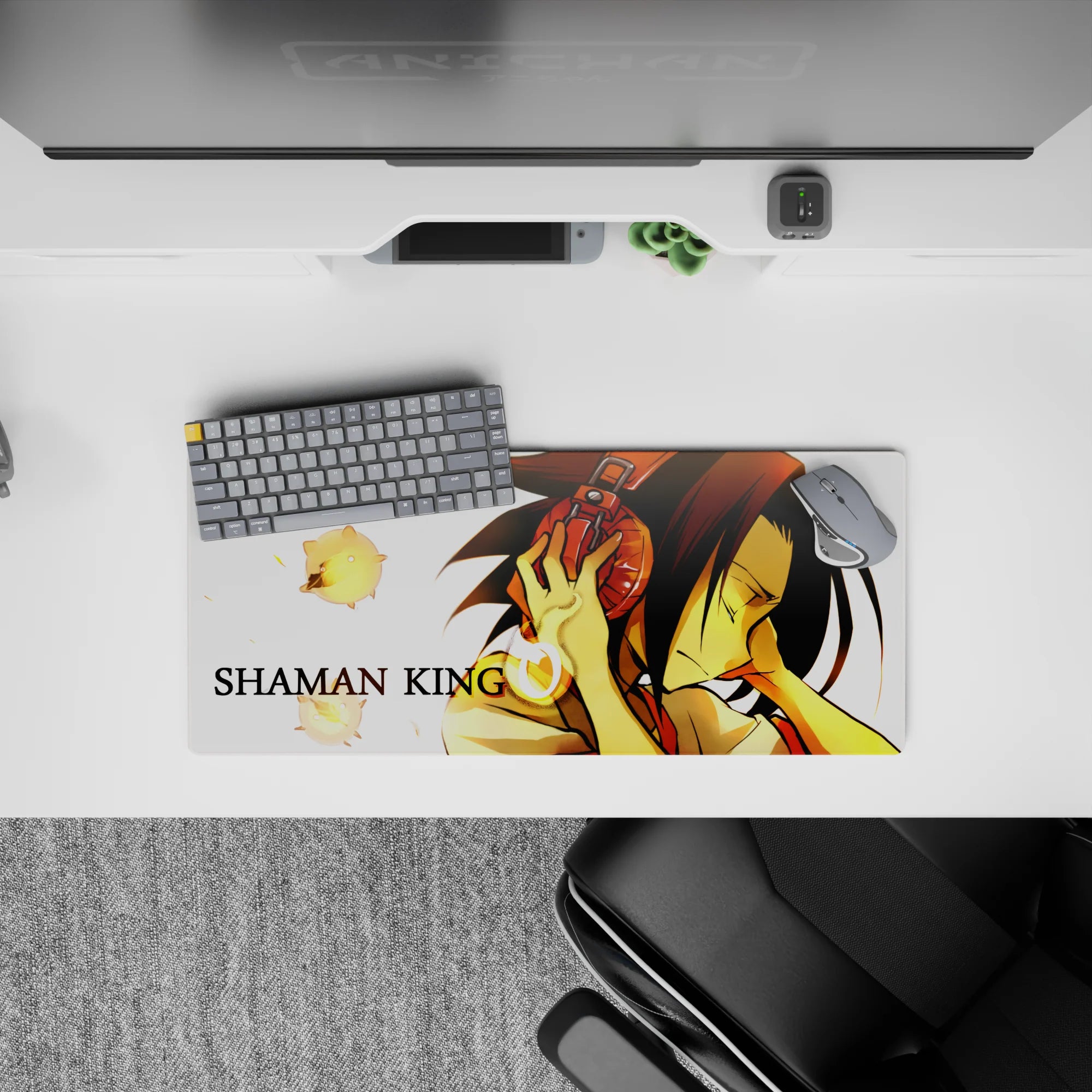 Warm gold glow anime mouse pad 28x12 inches, calm focus vibe with crisp white backdrop and tiny spirit lights.