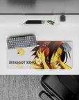 Warm gold glow anime mouse pad 28x12 inches, calm focus vibe with crisp white backdrop and tiny spirit lights.