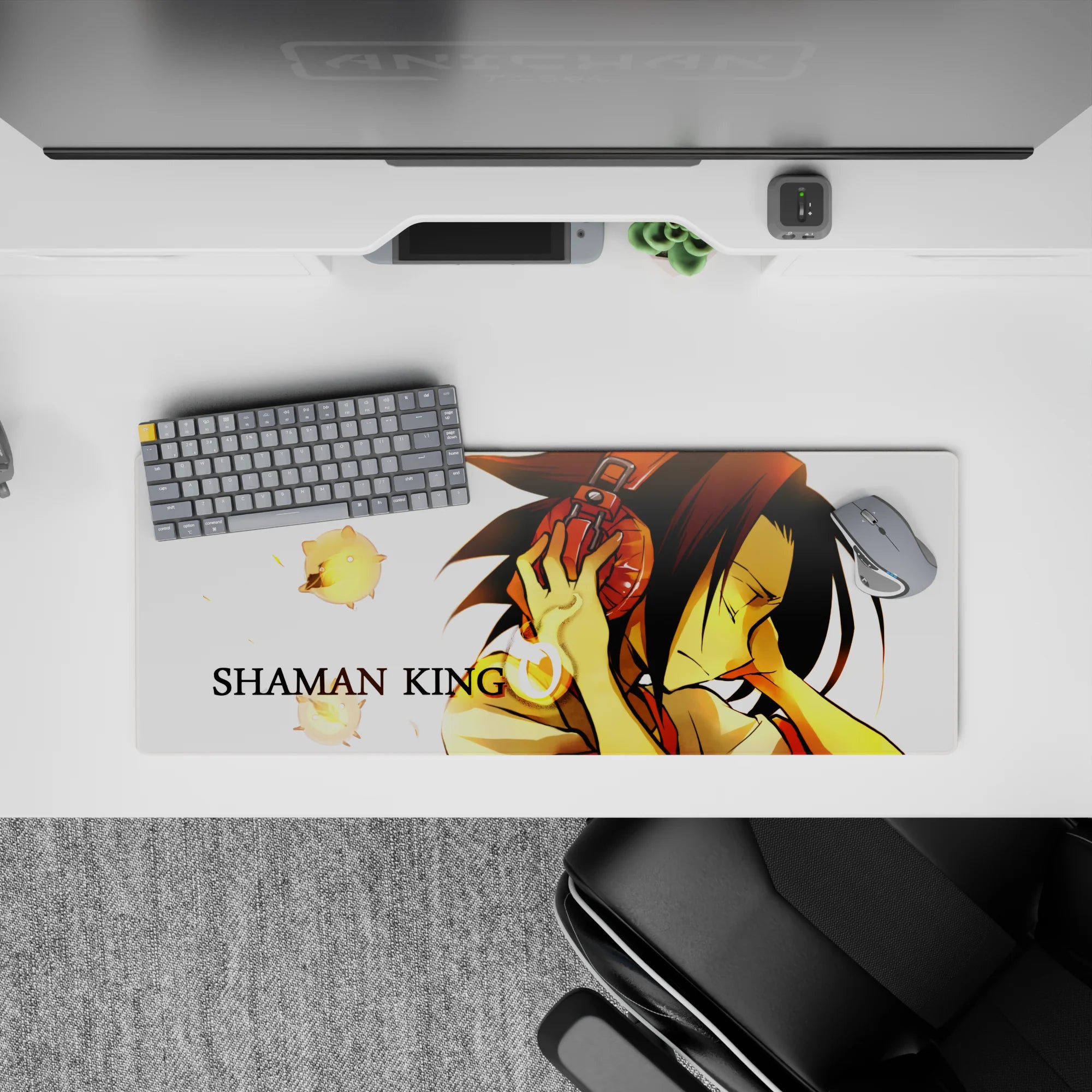 Warm golden mellow anime mouse pad 32x12 inches, calm focus vibe, crisp white background, glowing spirits.