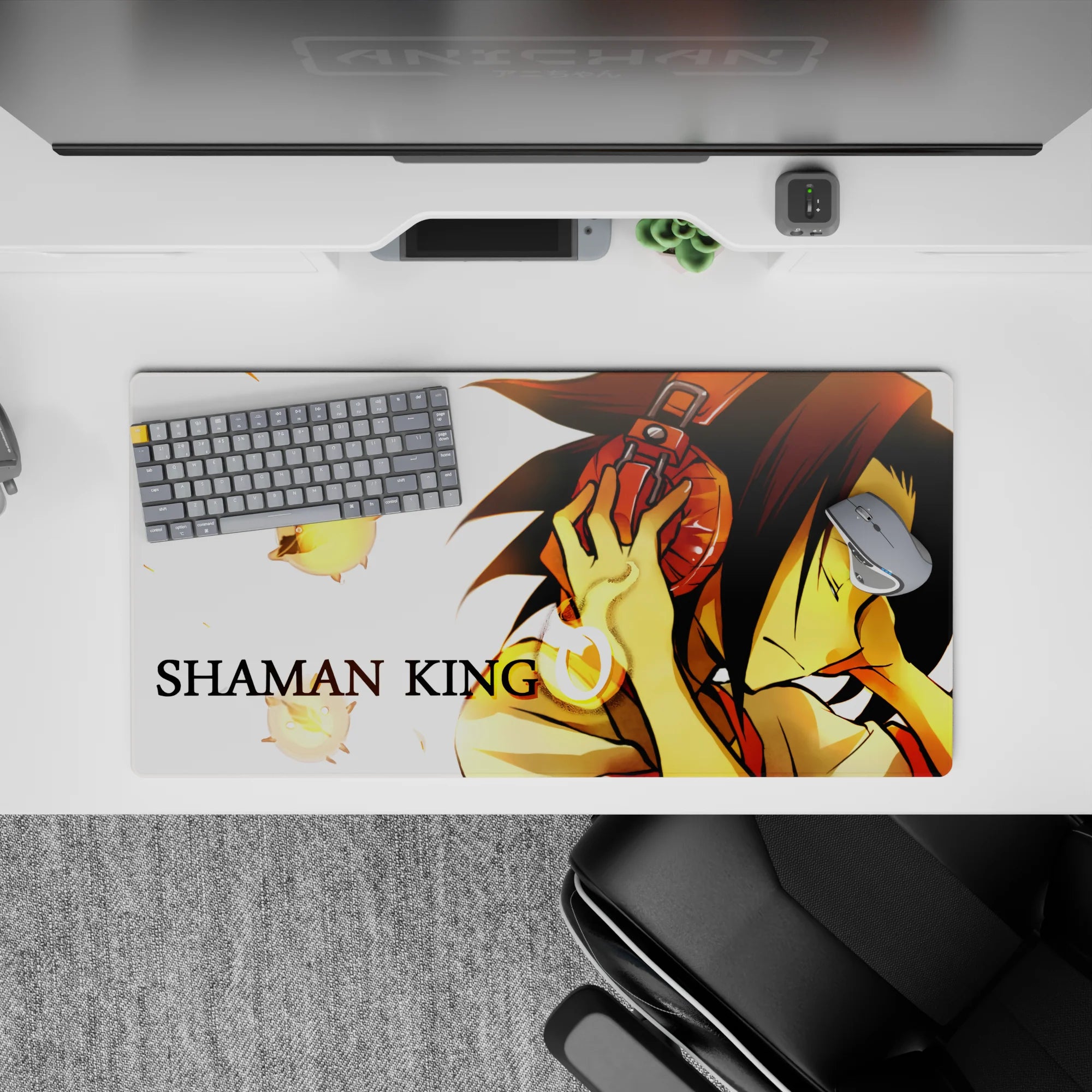 Warm gold glow anime mouse pad 32x16 inches, calm focus vibe on white background with drifting spirits.