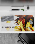 Warm gold glow anime mouse pad 32x16 inches, calm focus vibe on white background with drifting spirits.