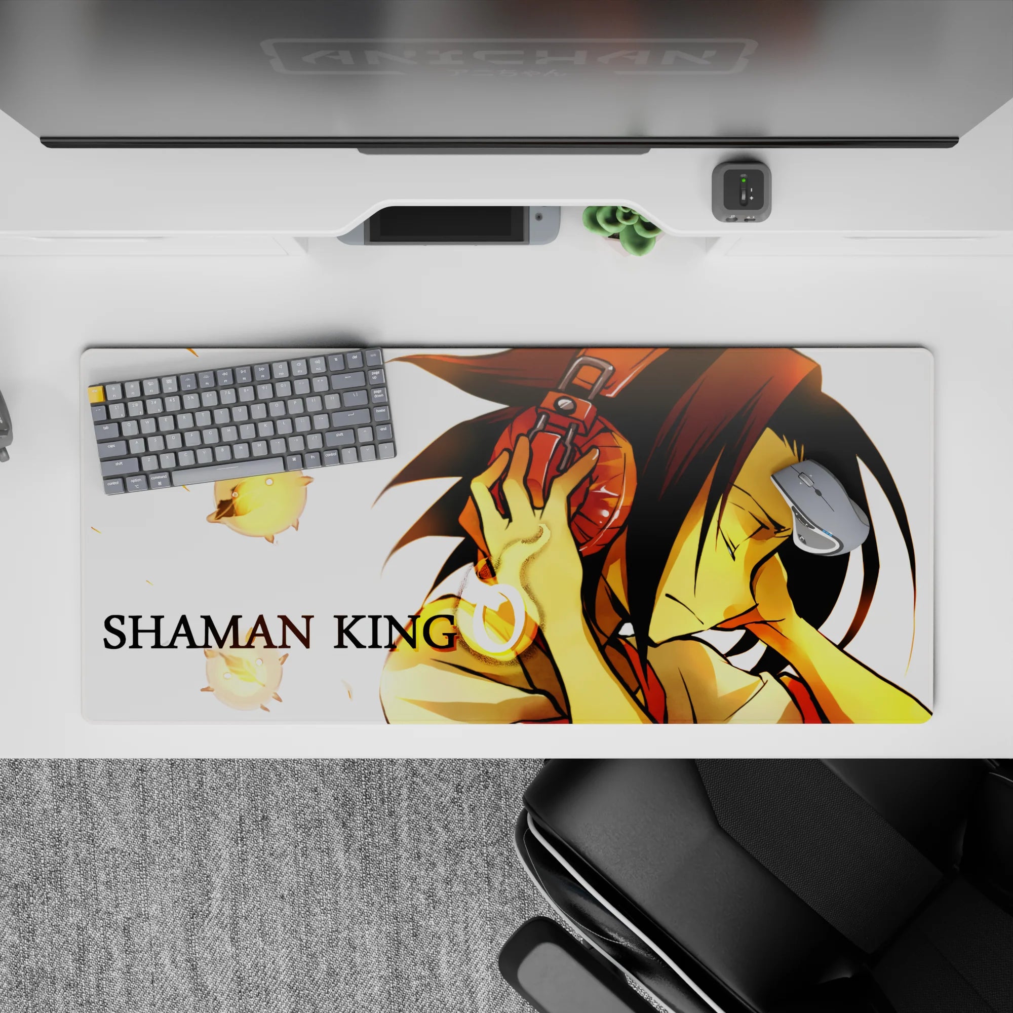 Warm gold glow anime desk pad 36x16 inches, calm focus vibe on white background with drifting spirits.