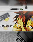 Warm gold-lit anime desk pad 40x20 inches with calm focus vibe, black hair spikes, and vintage text.
