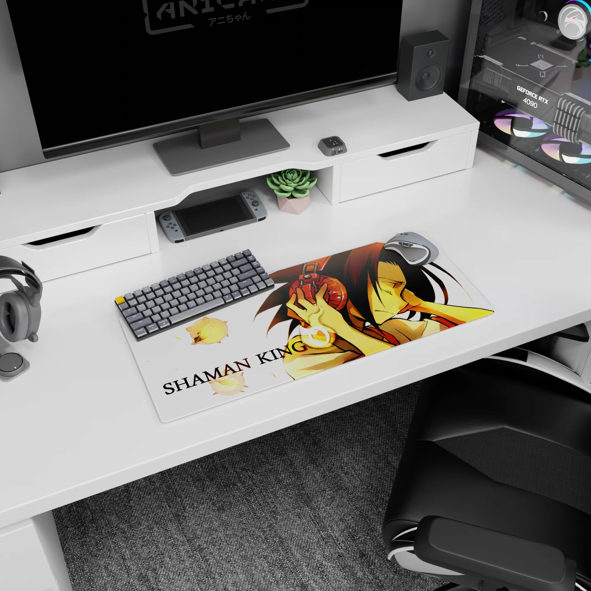 Yoh Asakura leaning in with eyes closed, red headphones, spirits drifting—anime mouse pad 28x12 inches.