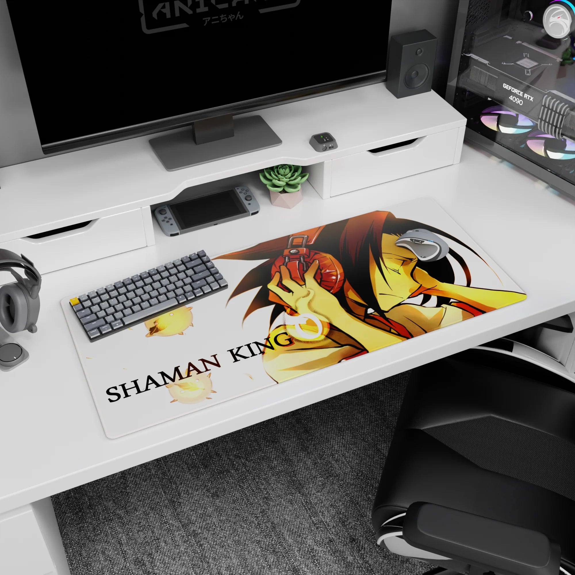 Yoh Asakura eyes closed with red headphones on 36x16 inches anime desk pad, spirits floating nearby.