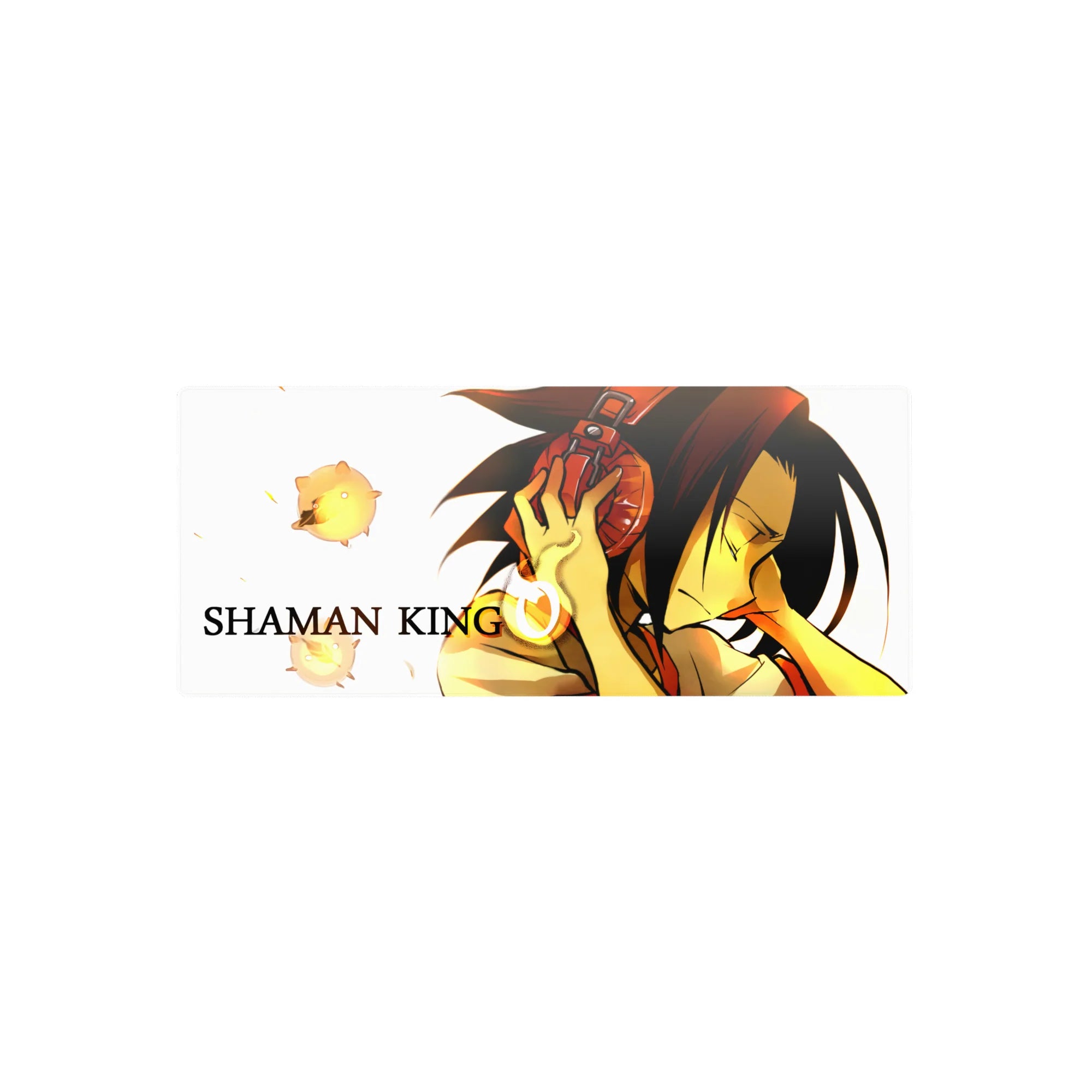 Shaman King anime mouse pad 28x12 inches with Yoh Asakura, red headphones, glowing spirits, white background.