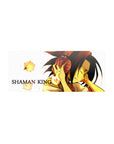 Shaman King anime mouse pad 28x12 inches with Yoh Asakura, red headphones, glowing spirits, white background.