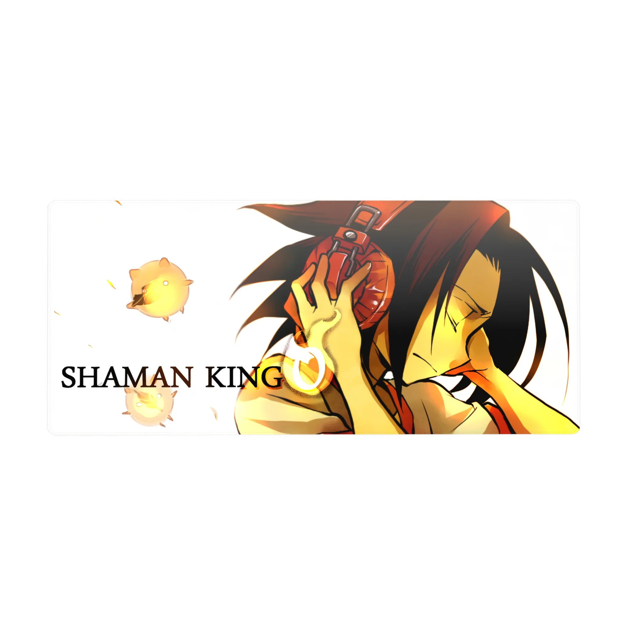 Shaman King anime desk pad 36x16 inches with Yoh Asakura, red headphones, spirits, bold title text.