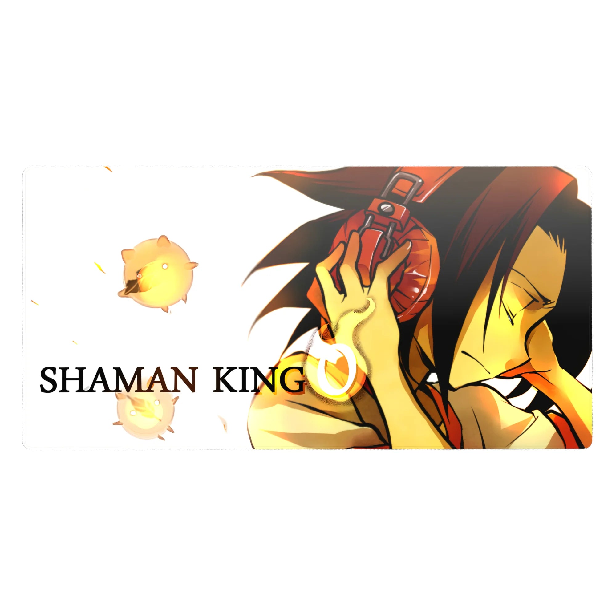 Shaman King anime desk pad 40x20 inches with Yoh Asakura, red headphones, and glowing spirits on white.