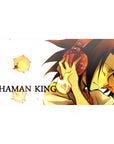 Shaman King anime desk pad 40x20 inches with Yoh Asakura, red headphones, and glowing spirits on white.