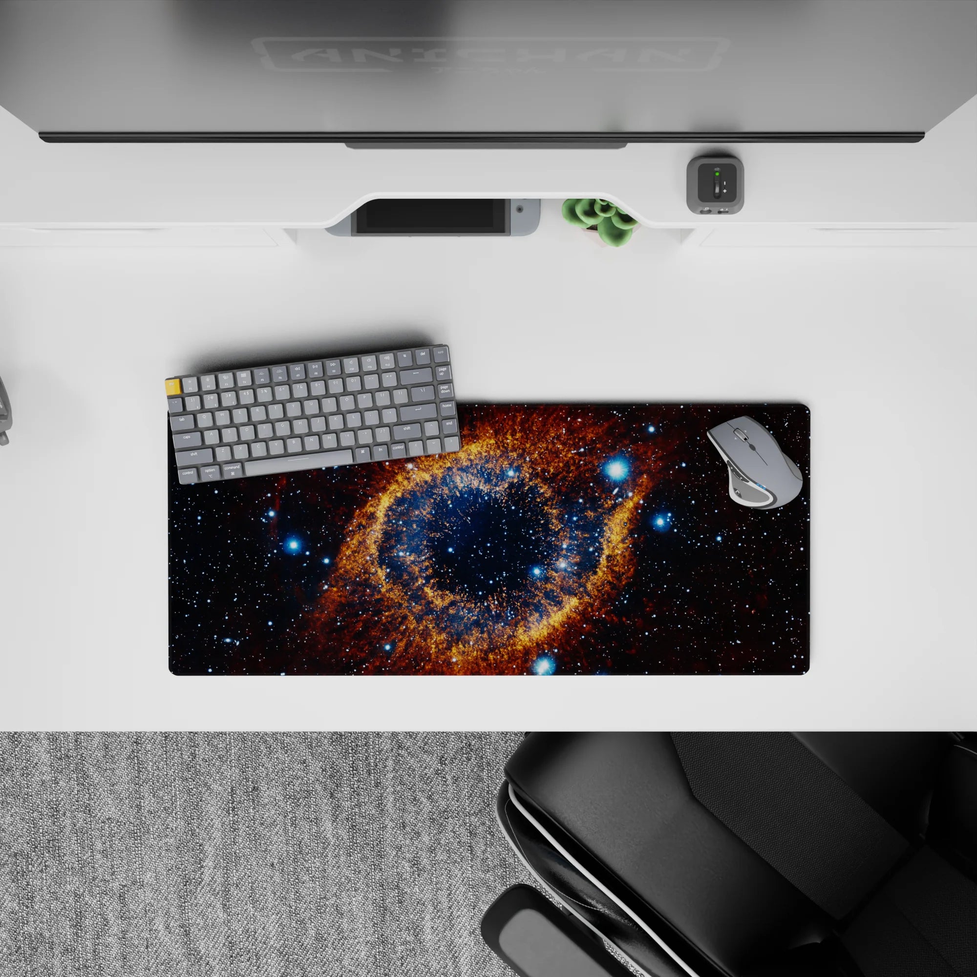 Midnight blue and amber dust galaxy mouse pad, 28x12 inches, dark inky, calming mood.