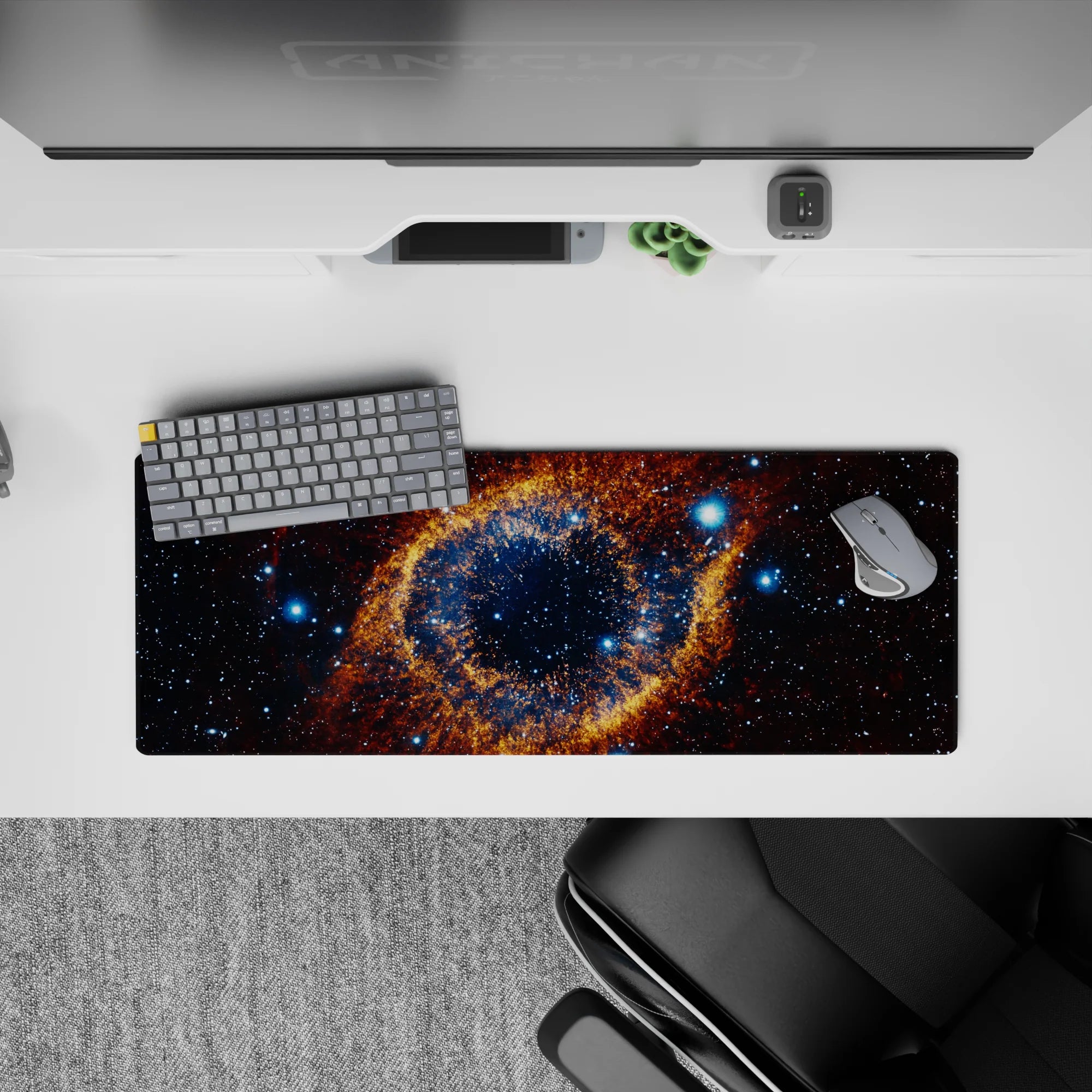 Midnight blue and warm amber space mouse pad 32x12 inches with calm, magical starfield vibe.