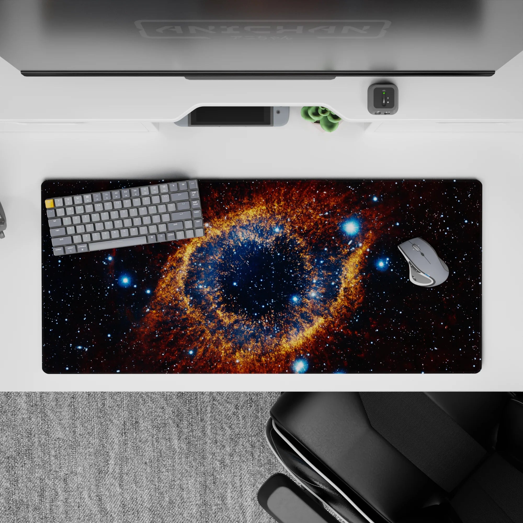 Midnight blue and warm amber dust desk pad 36x16 inches, moody deep-space vibe with crisp galaxies.