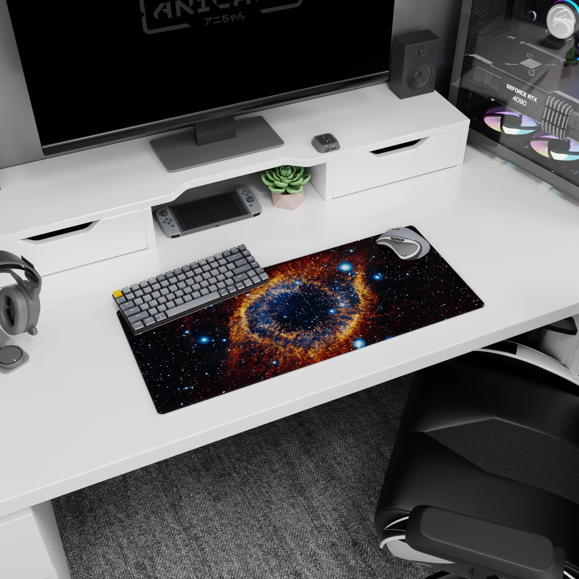 Huge cosmic eye nebula with bright star pinpoints mouse pad, 28x12 inches, deep space scene.