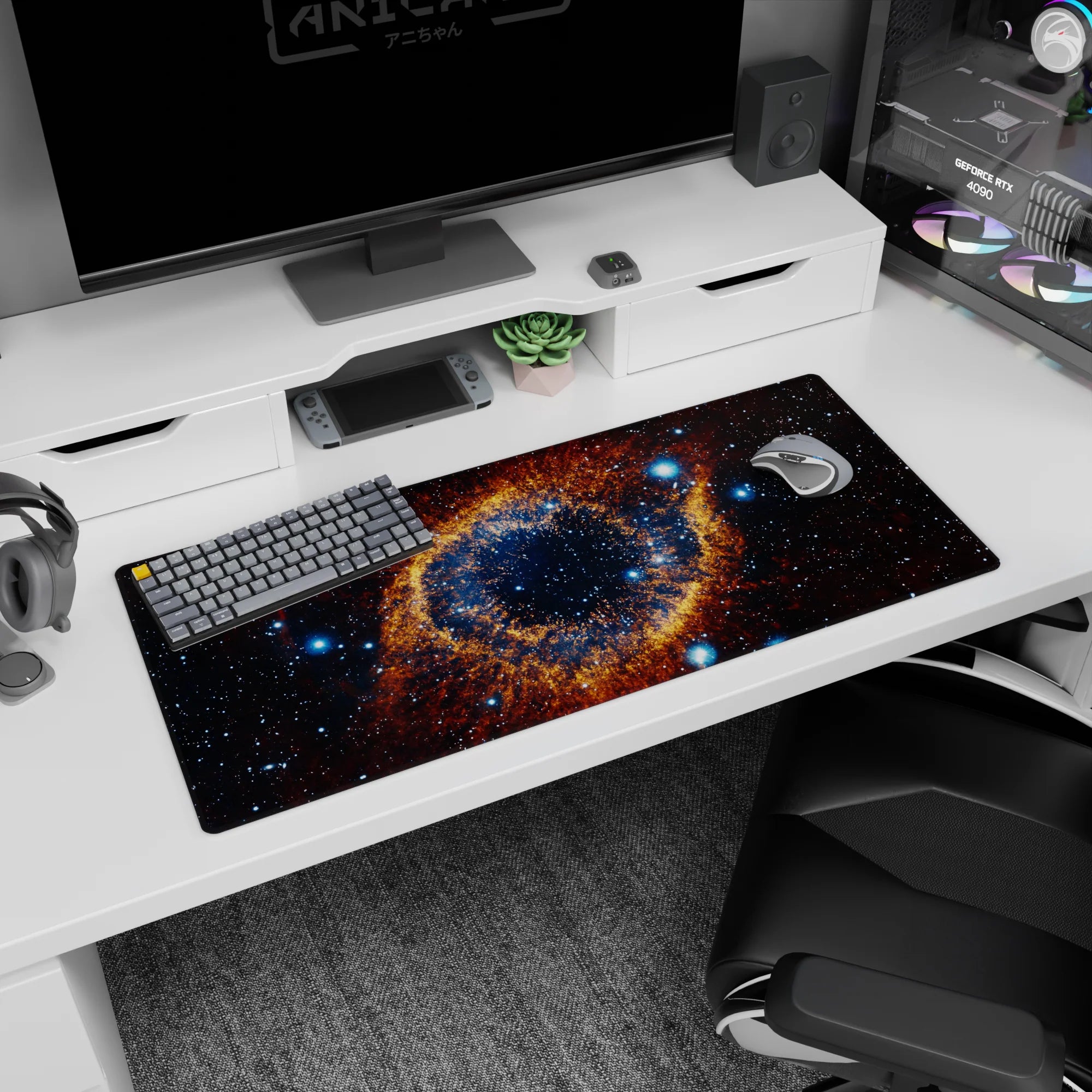 Large cosmic eye nebula scene desk pad 36x16 inches, swirling space pattern watching over your desk.