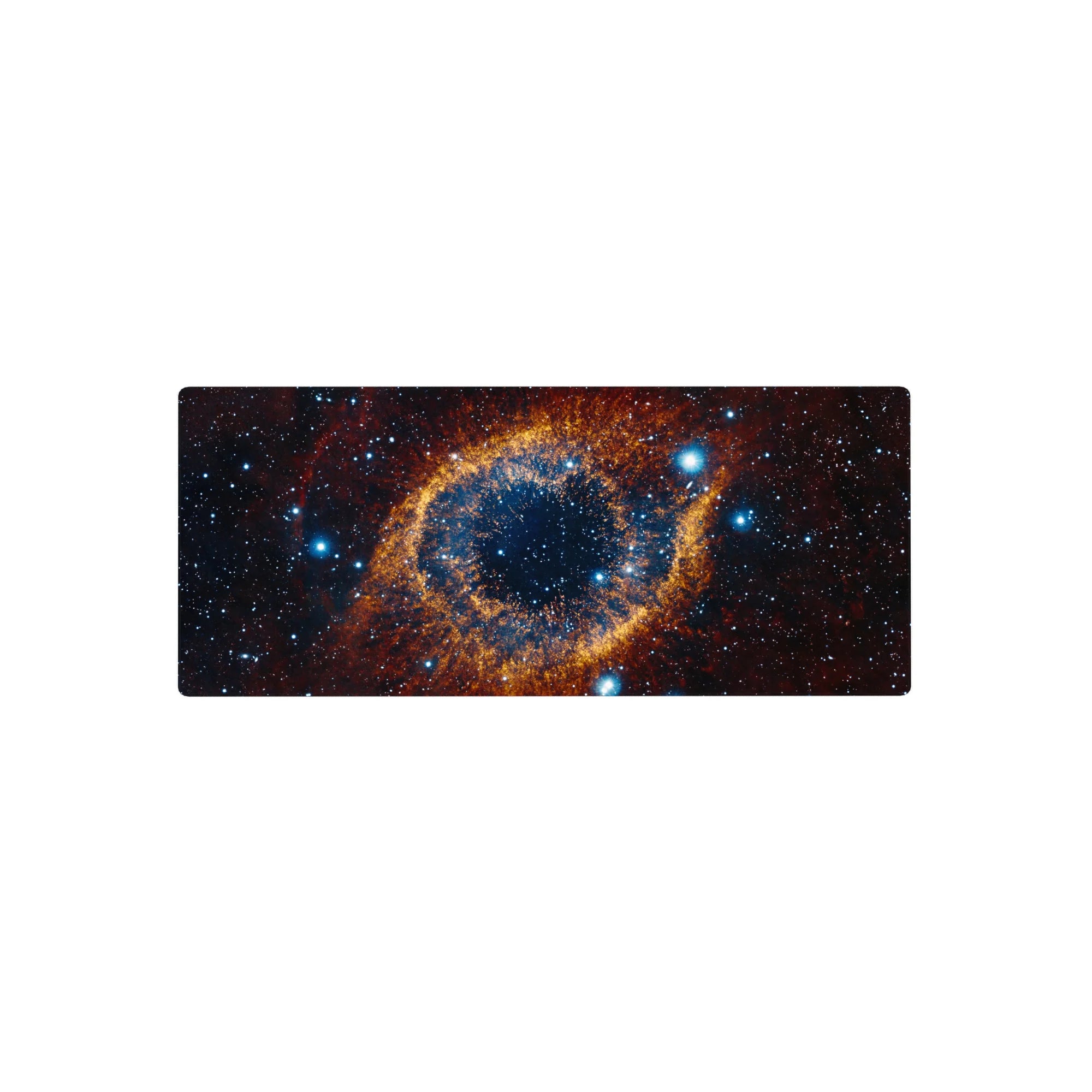 Cosmic eye galaxy swirl desk mouse pad, 28x12 inches, star-speckled deep space design.