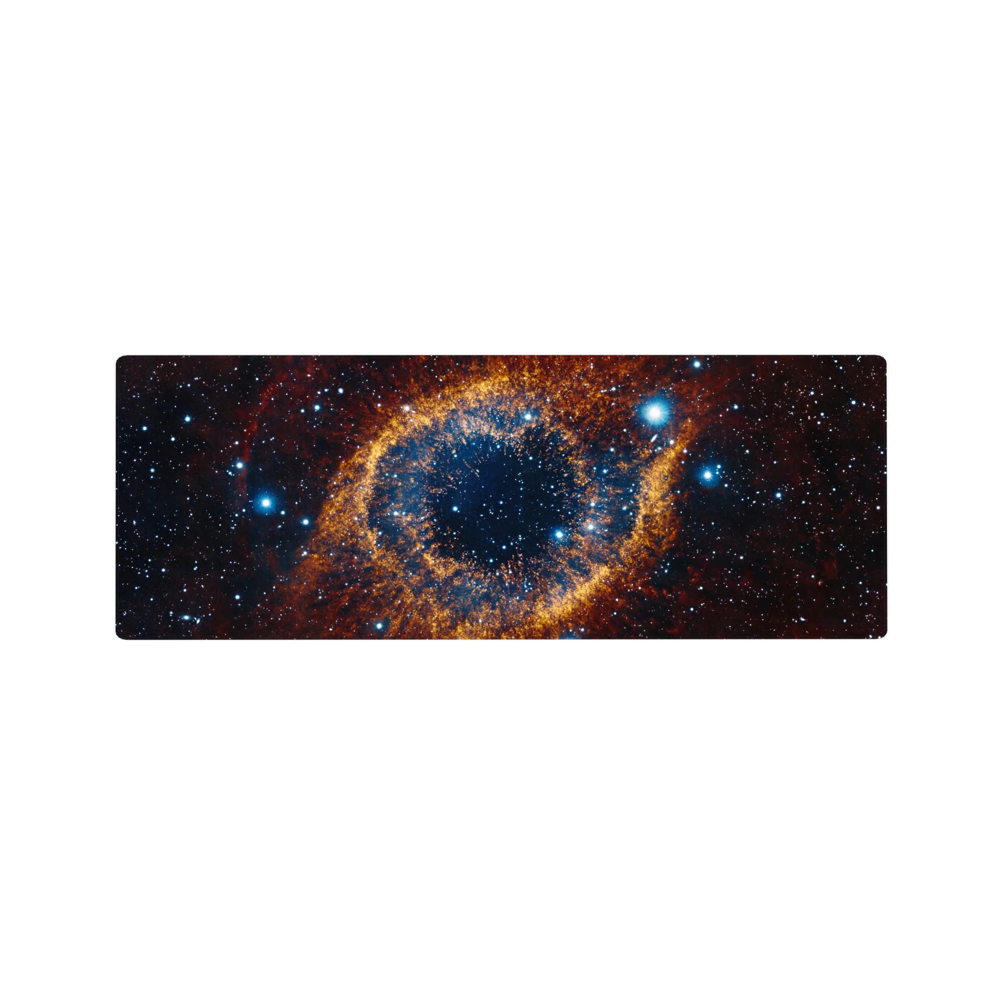 Galaxy swirl desk mouse pad 32x12 inches with star-speckled cosmic pattern on dark background.