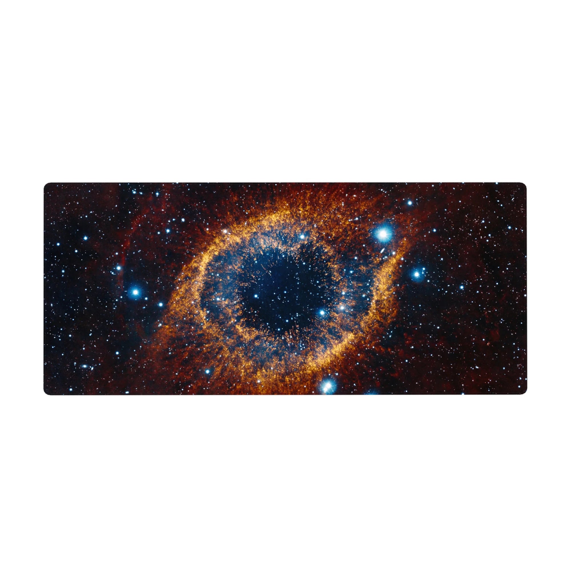 Cosmic eye galaxy desk pad 36x16 inches with star-speckled swirl and bright pinpoints on dark background.