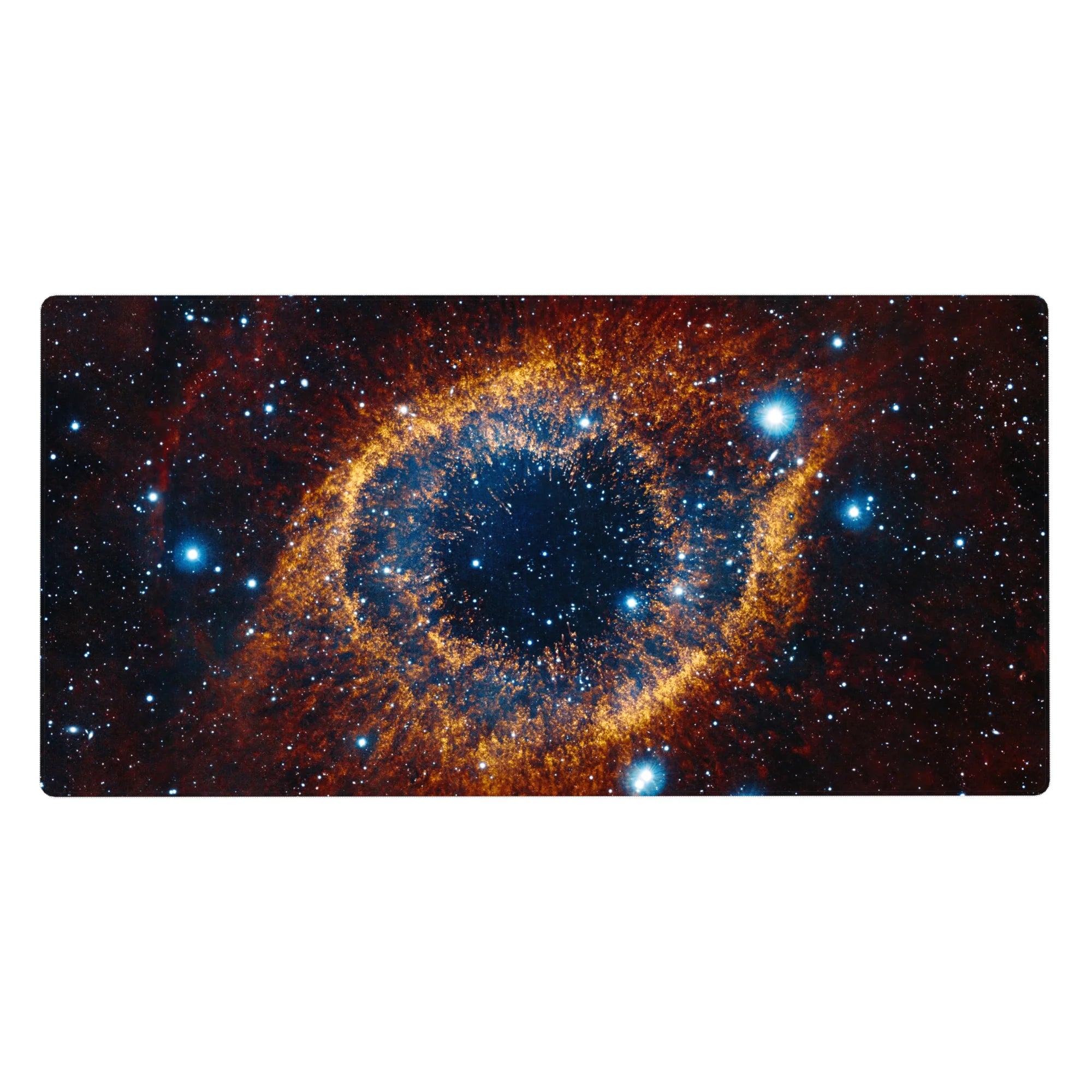 Cosmic eye galaxy swirl desk pad, star-speckled deep space design, 40x20 inches.