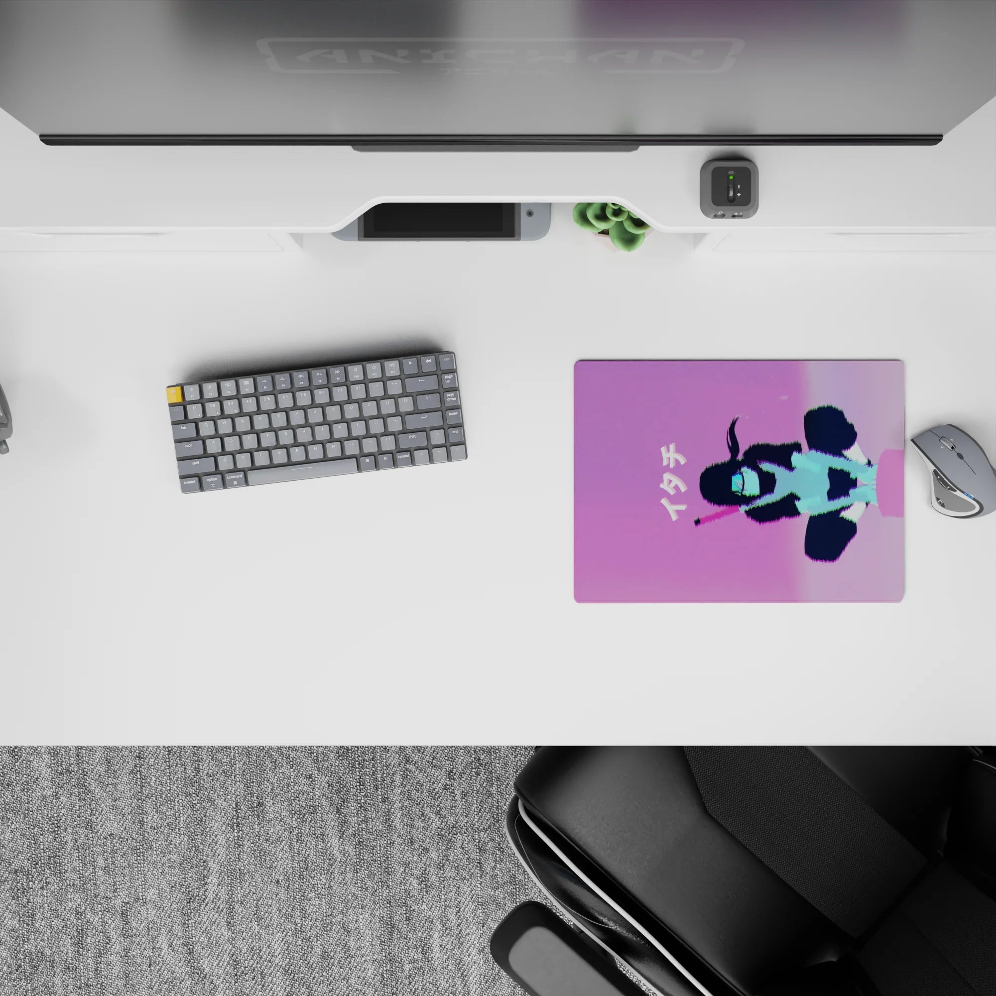 Pink and violet 14x10 inches anime mouse pad with mint neon accents, calm late-night Tokyo vibe.