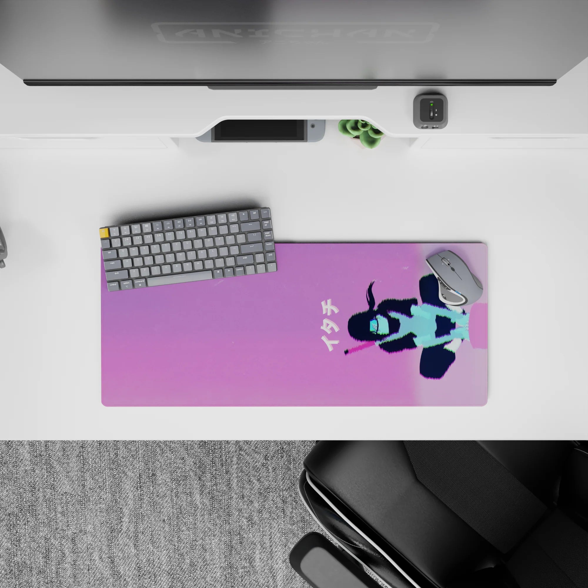 28x12 inches anime mouse pad in cotton-candy pink and violet with mint neon highlights, calm night mood.