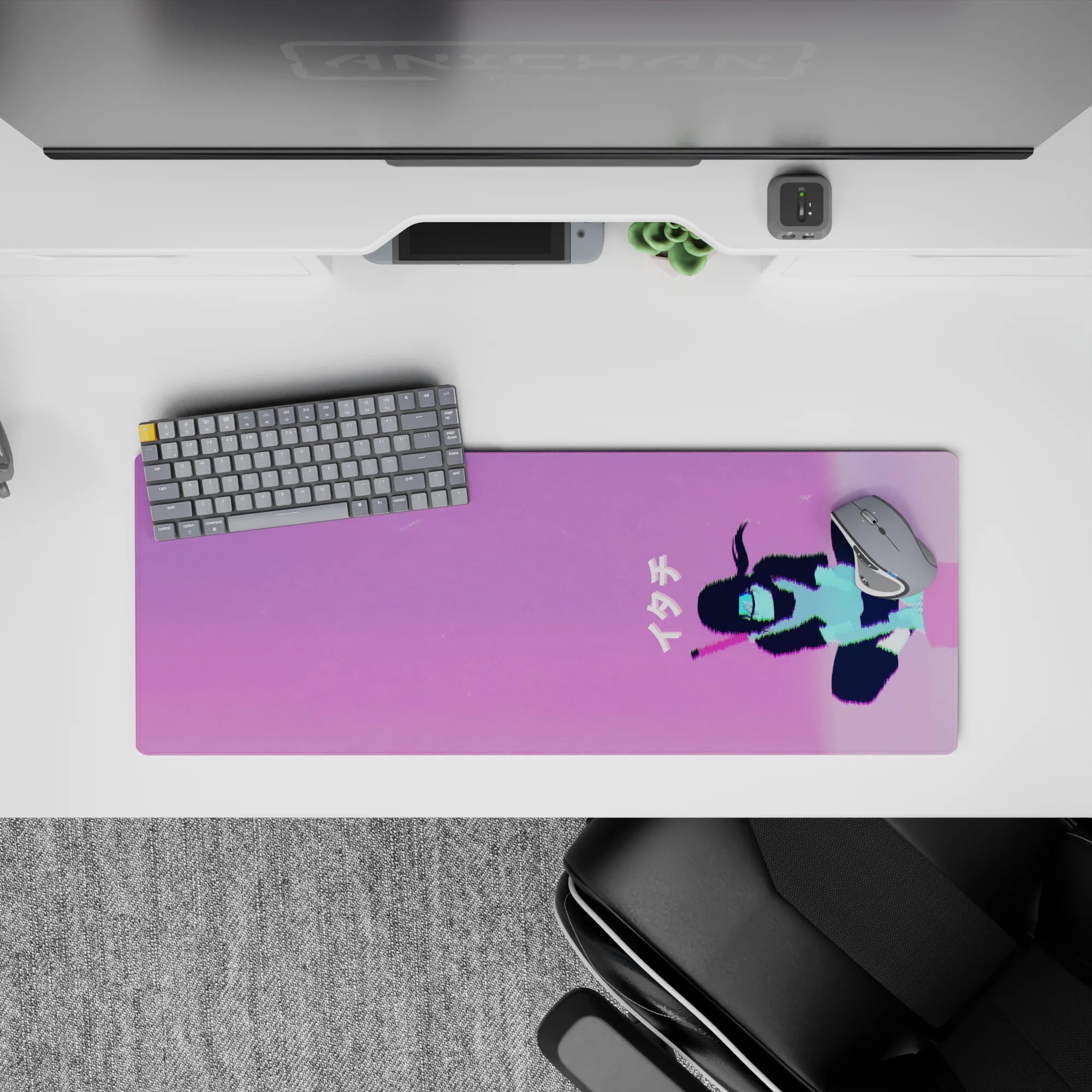 32x12 inches anime mouse pad in cotton-candy pink and violet with mint-blue neon, calm Tokyo vibe.