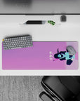 32x12 inches anime mouse pad in cotton-candy pink and violet with mint-blue neon, calm Tokyo vibe.