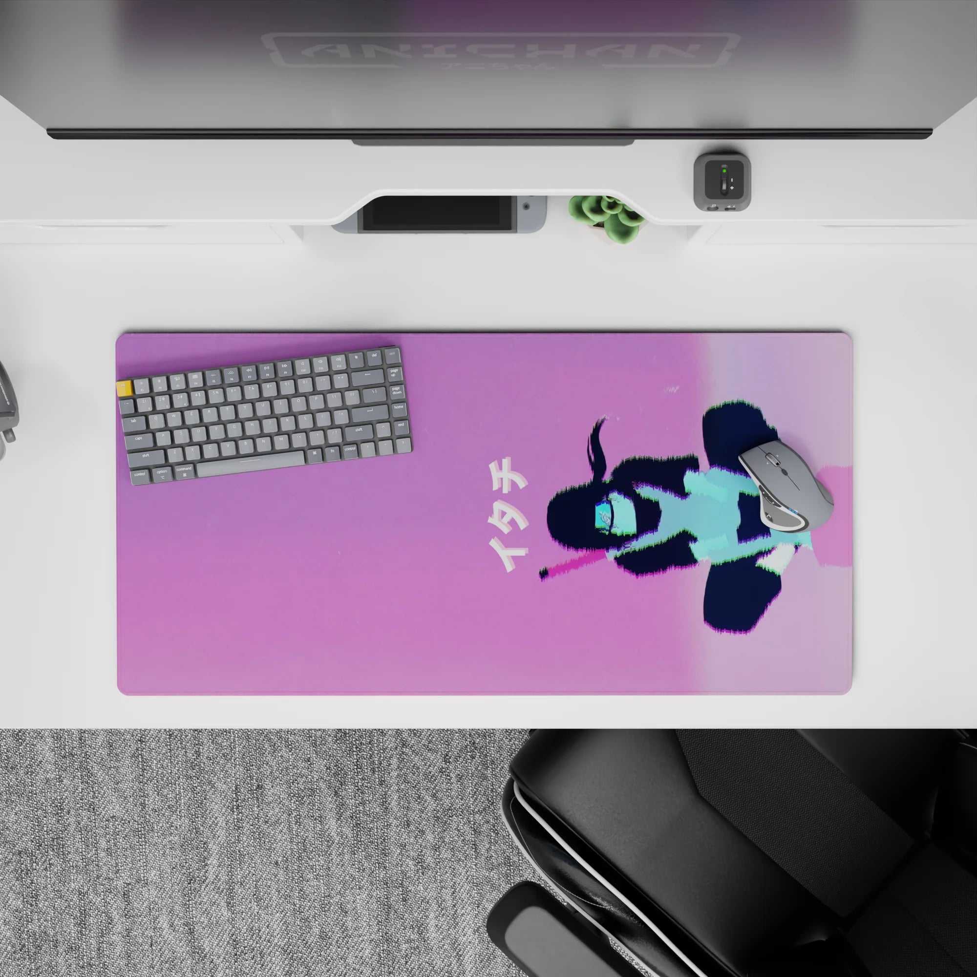 32x16 inches anime desk mat in cotton-candy pink and violet, late-night Tokyo synthwave mood with mint accents.