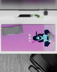 32x16 inches anime desk mat in cotton-candy pink and violet, late-night Tokyo synthwave mood with mint accents.