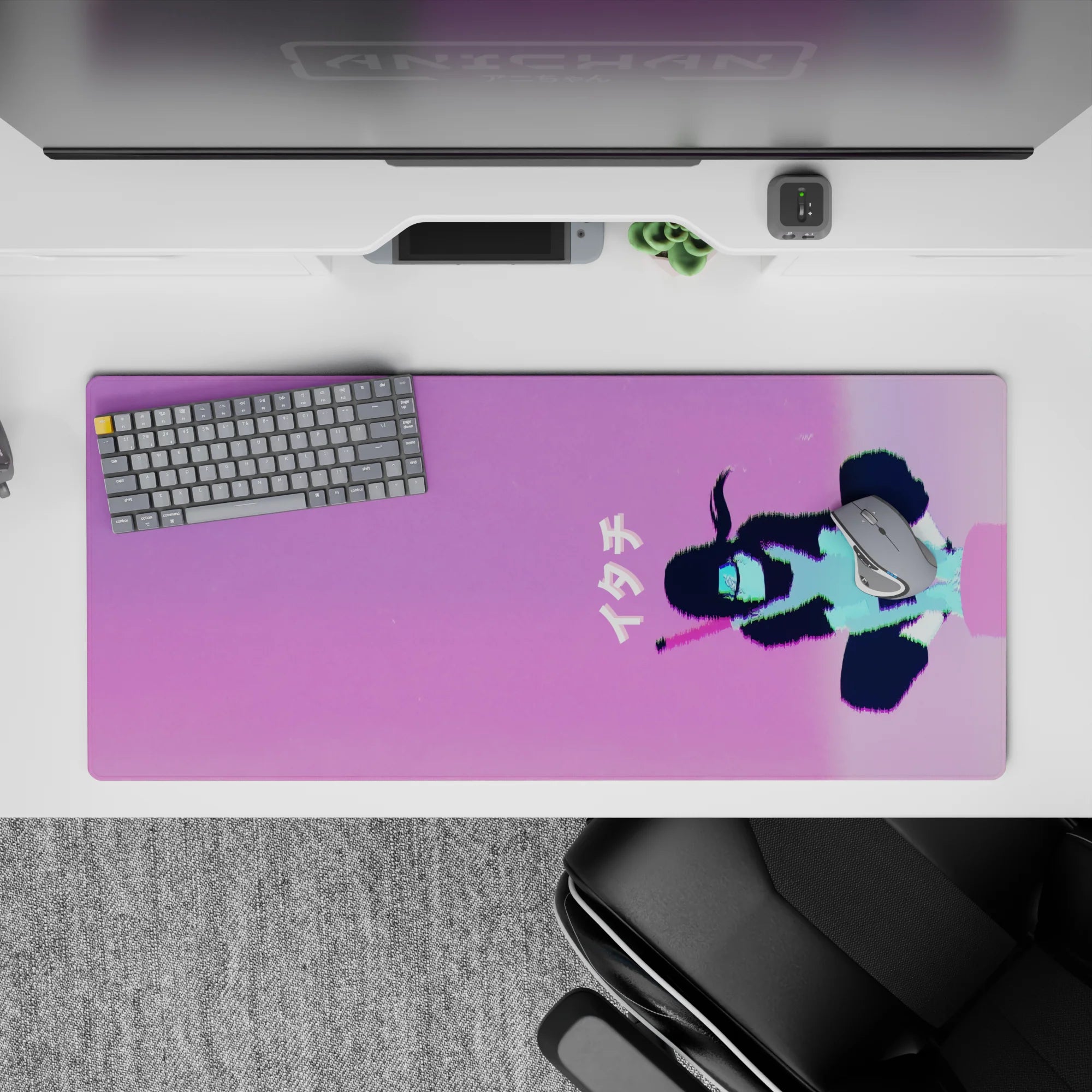 36x16 inches anime mouse pad in cotton-candy pink and violet, calm Tokyo synthwave mood.