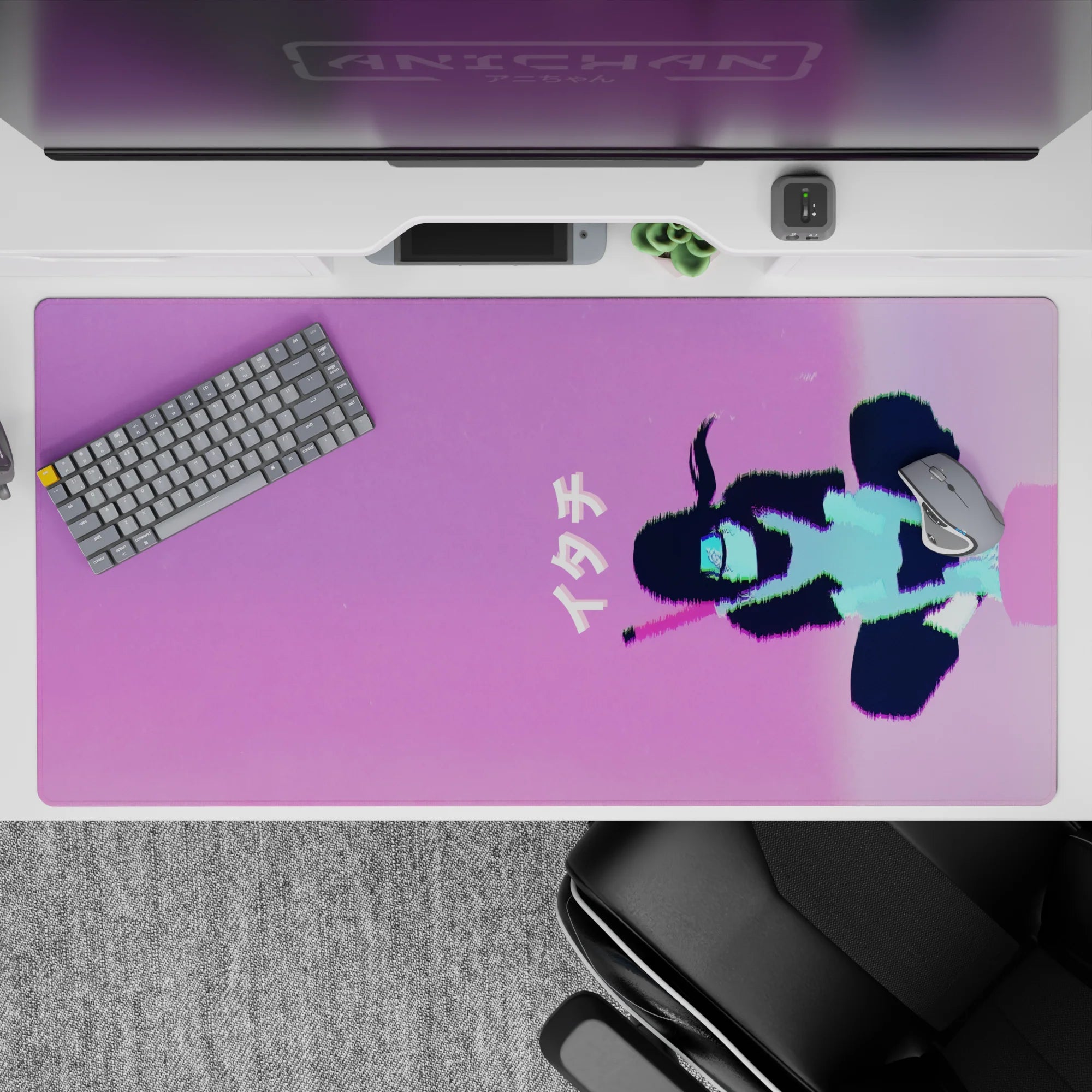 40x20 inches anime desk pad in cotton-candy pink and violet with mint-blue neon, calm Tokyo vibe.