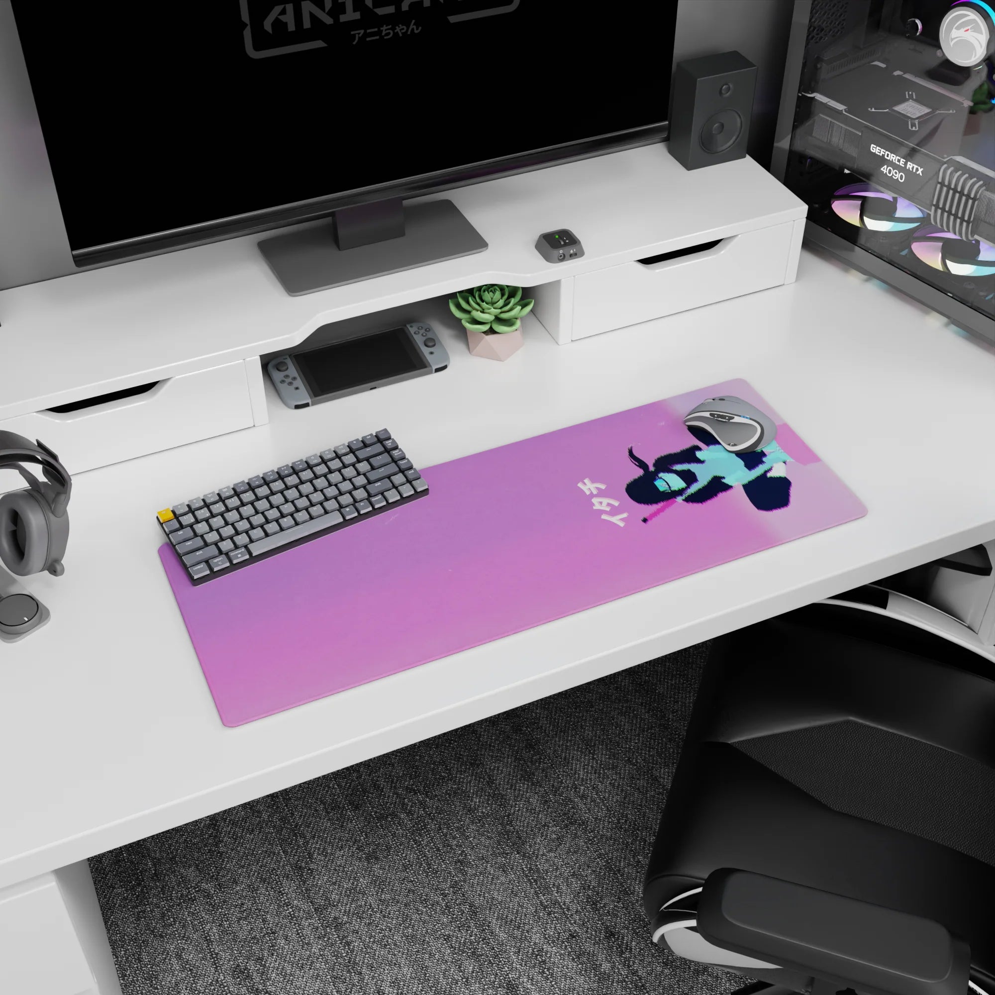 32x12 inches anime mouse pad showing a soft girl silhouette drifting over a late-night neon skyline.