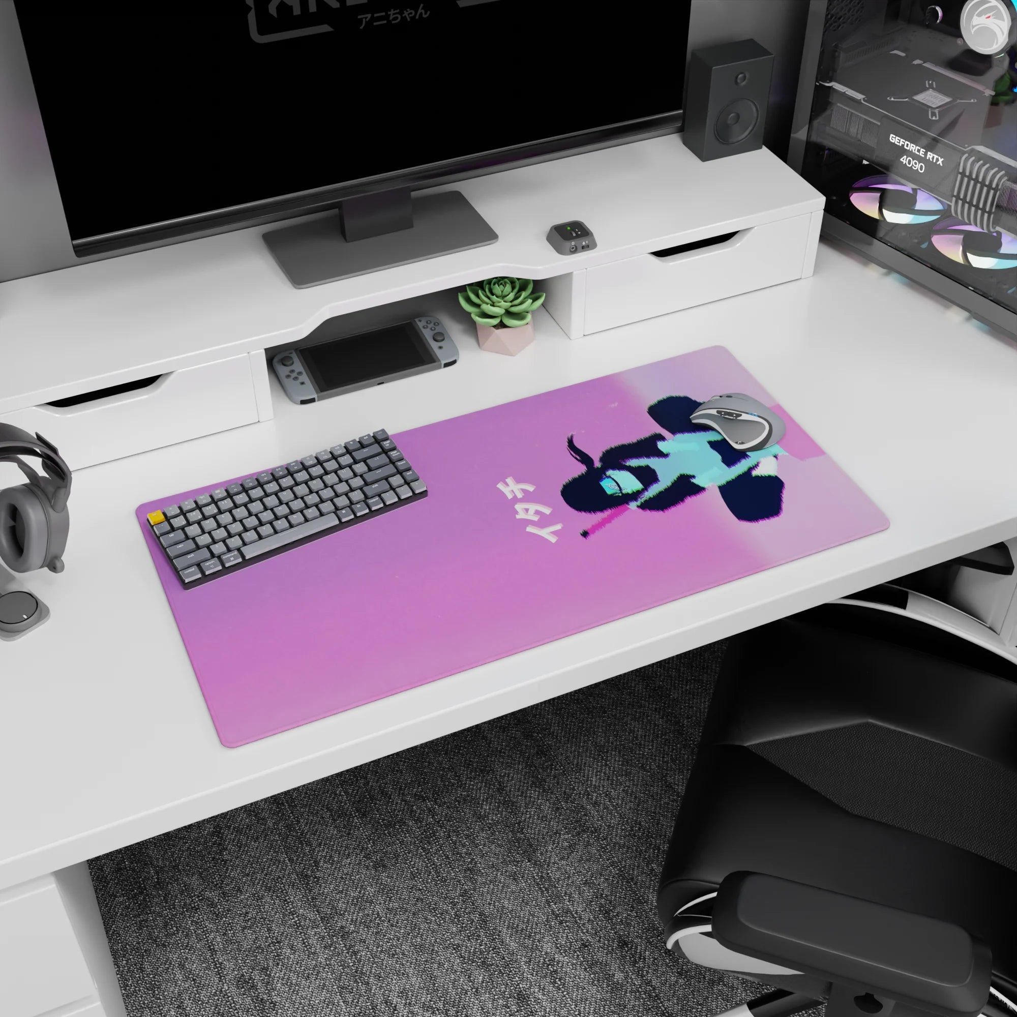 32x16 inches anime mouse pad showing a soft girl silhouette floating over a pink-violet sky with ナイト text.