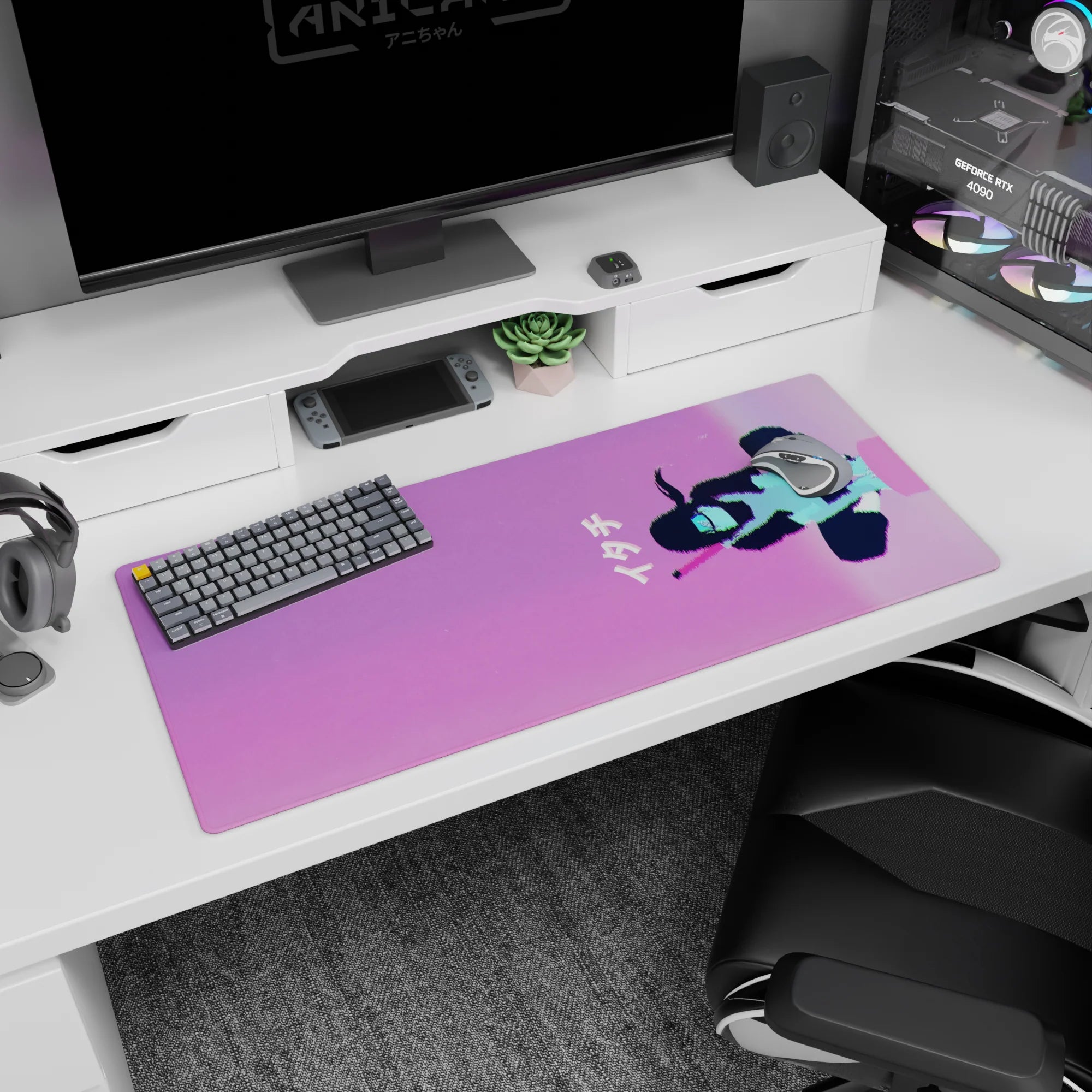 36x16 inches desk mat showing a soft girl silhouette floating in a pink-violet sky with mint highlights.