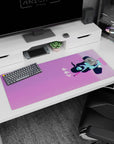 36x16 inches desk mat showing a soft girl silhouette floating in a pink-violet sky with mint highlights.