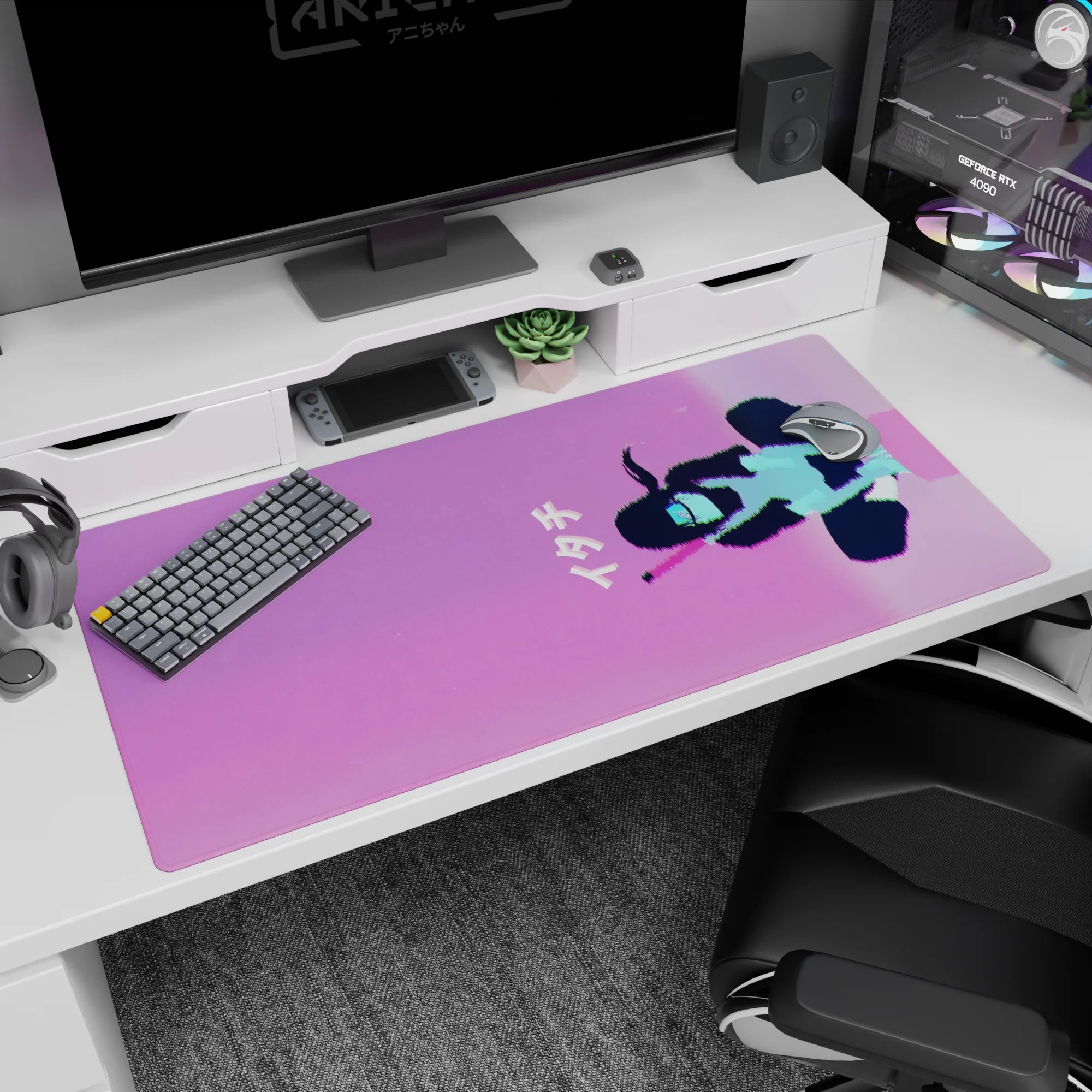 40x20 inches anime desk pad showing a soft girl silhouette floating over a dreamy pink-violet night sky.