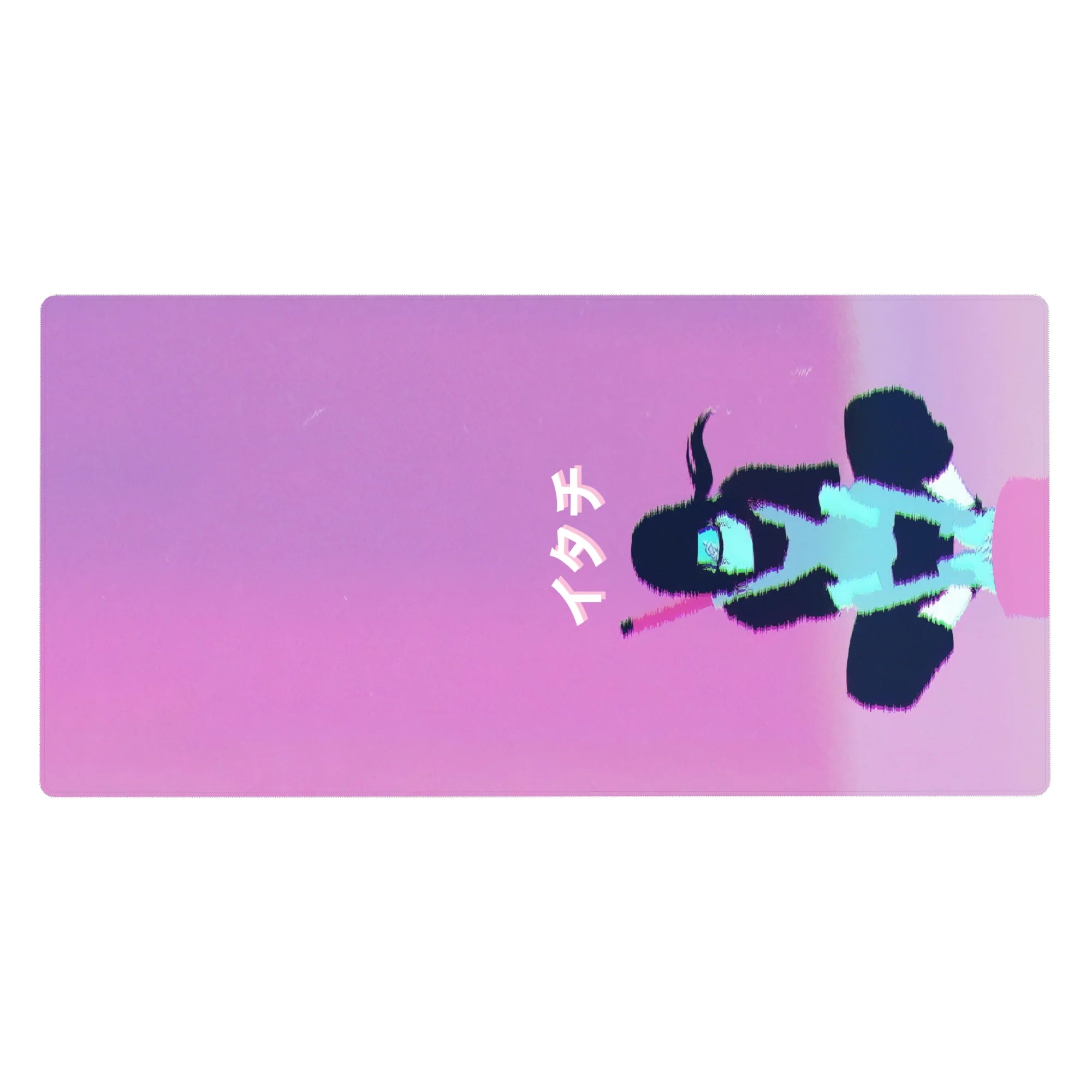 Anime desk pad 40x20 inches with ナイト text and abstract girl silhouette in synthwave sky.