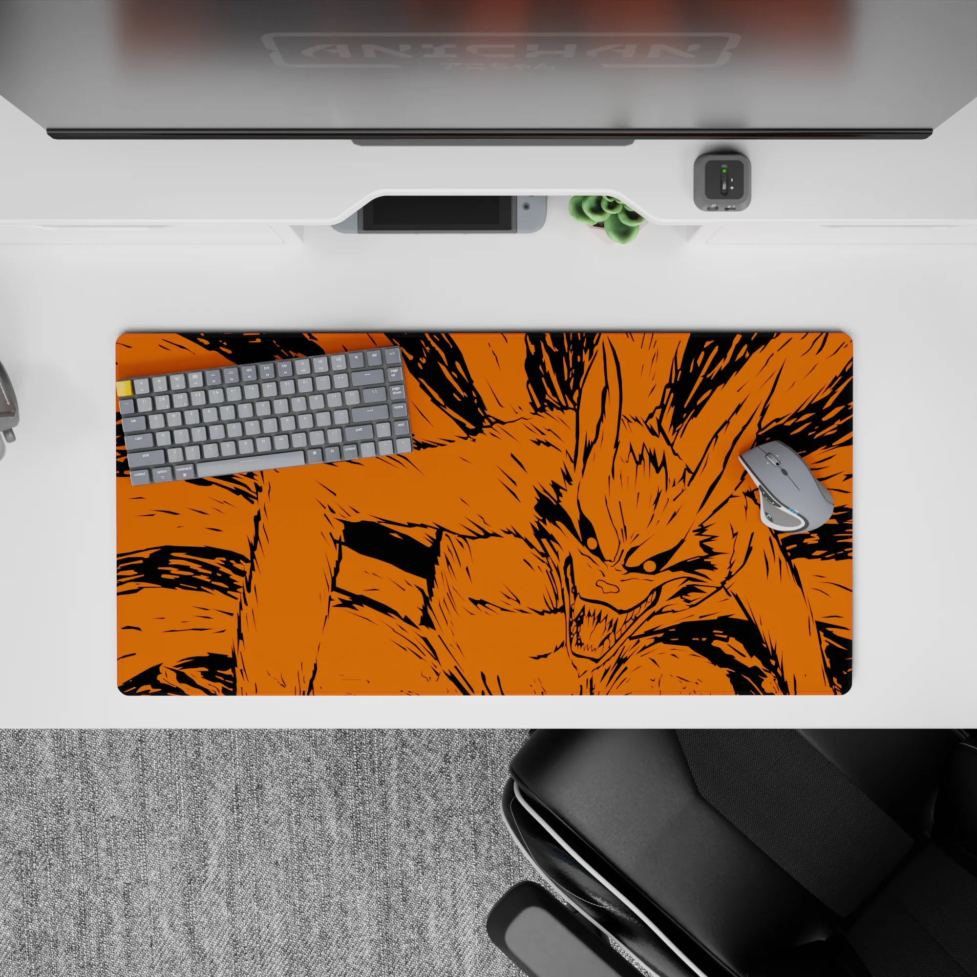 32x16 inches anime mouse pad in fiery orange with bold black ink strokes, intense Naruto vibes.