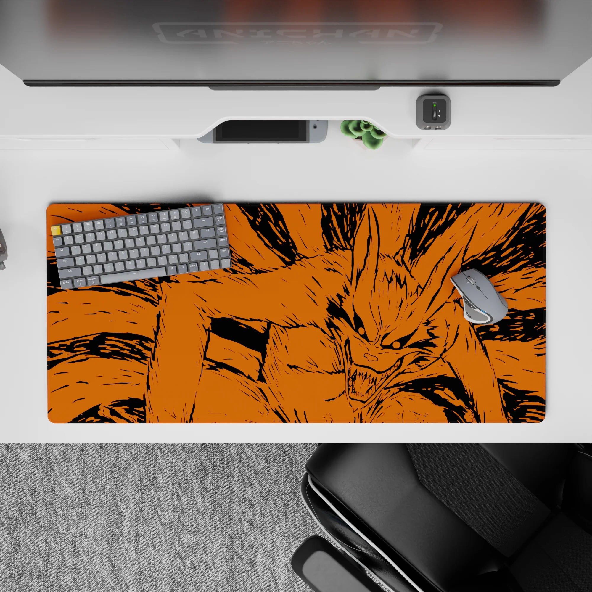 Fiery orange and ink-black anime desk pad 36x16 inches with chaotic fur lines and intense vibe.