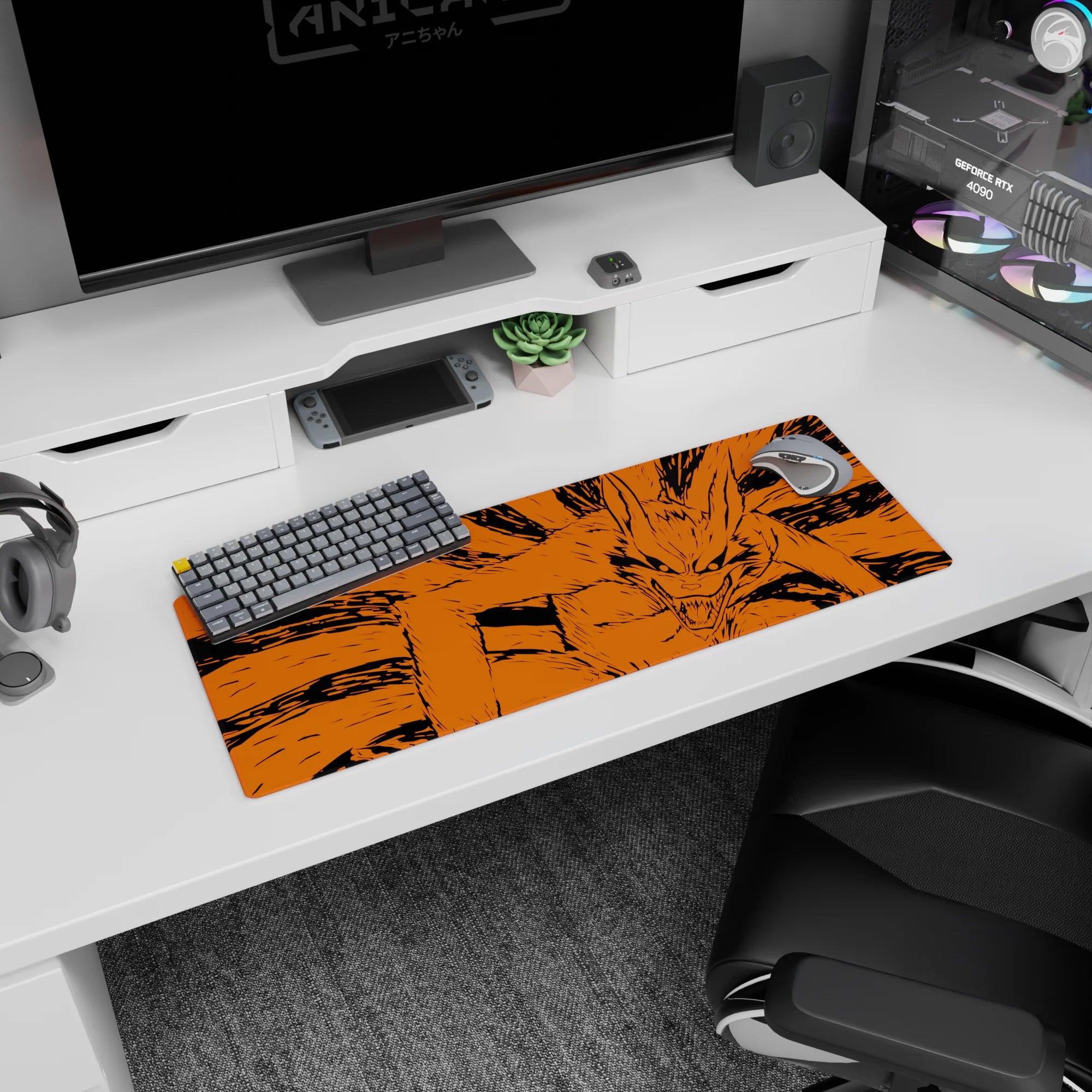 32x12 inches desk mat showing Kurama the Nine-Tails snarling with wild grin, razor strokes on orange.