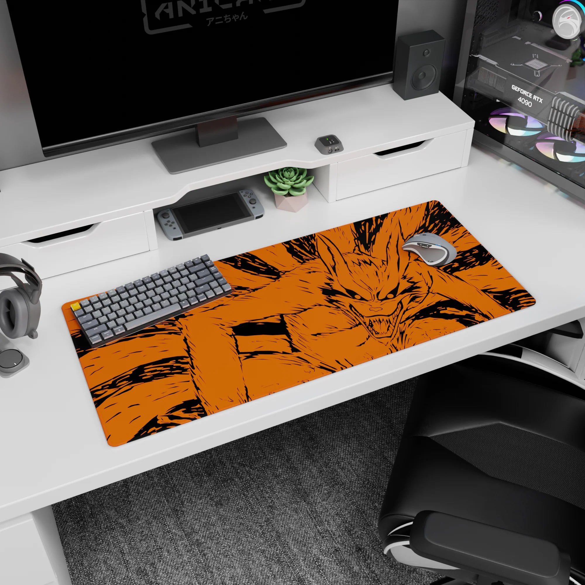 Kurama the Nine-Tails lunging with wild grin across anime desk pad 36x16 inches, bold manga look.