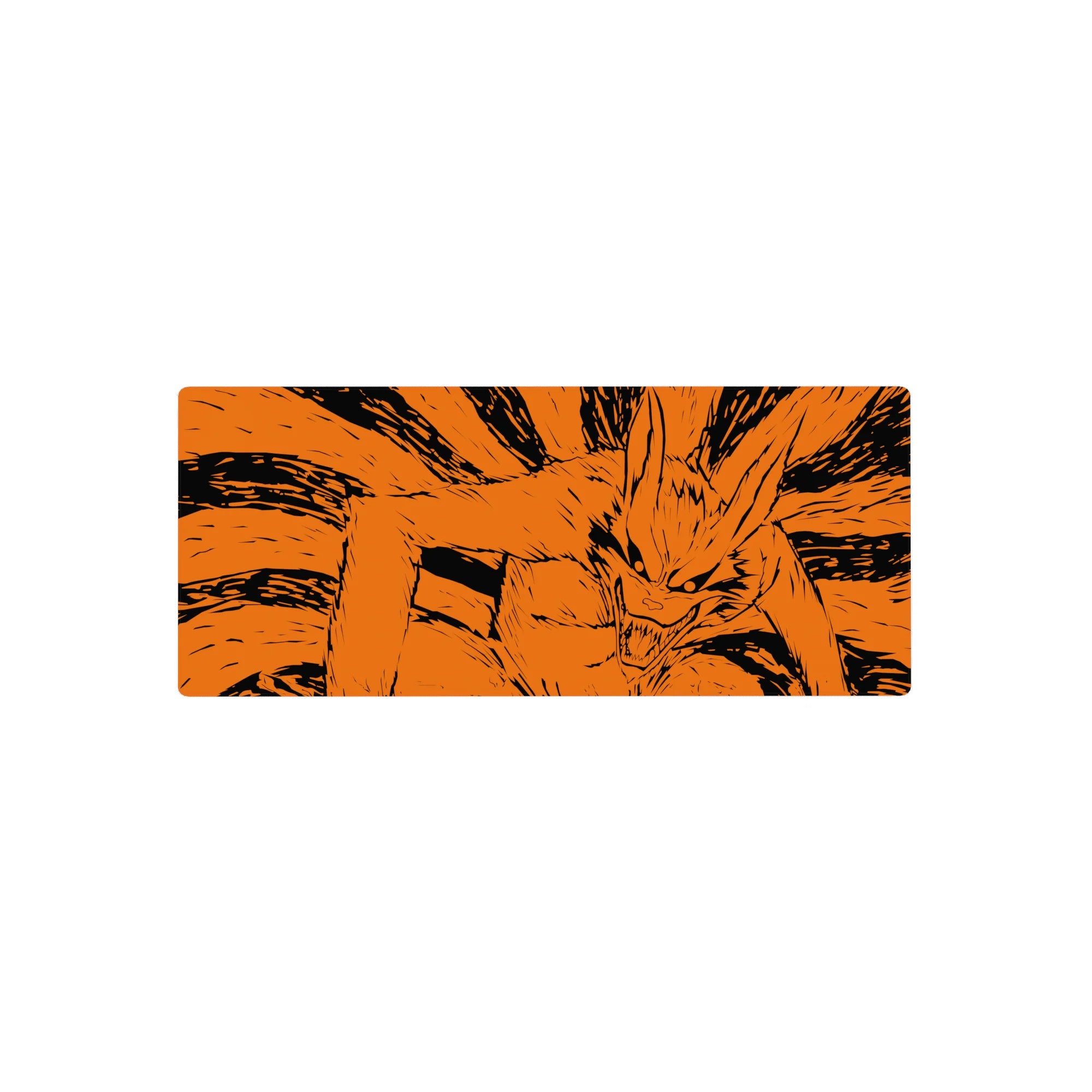 28x12 inches anime mouse pad with Kurama Nine-Tails manga-style line art lunging across the desk.