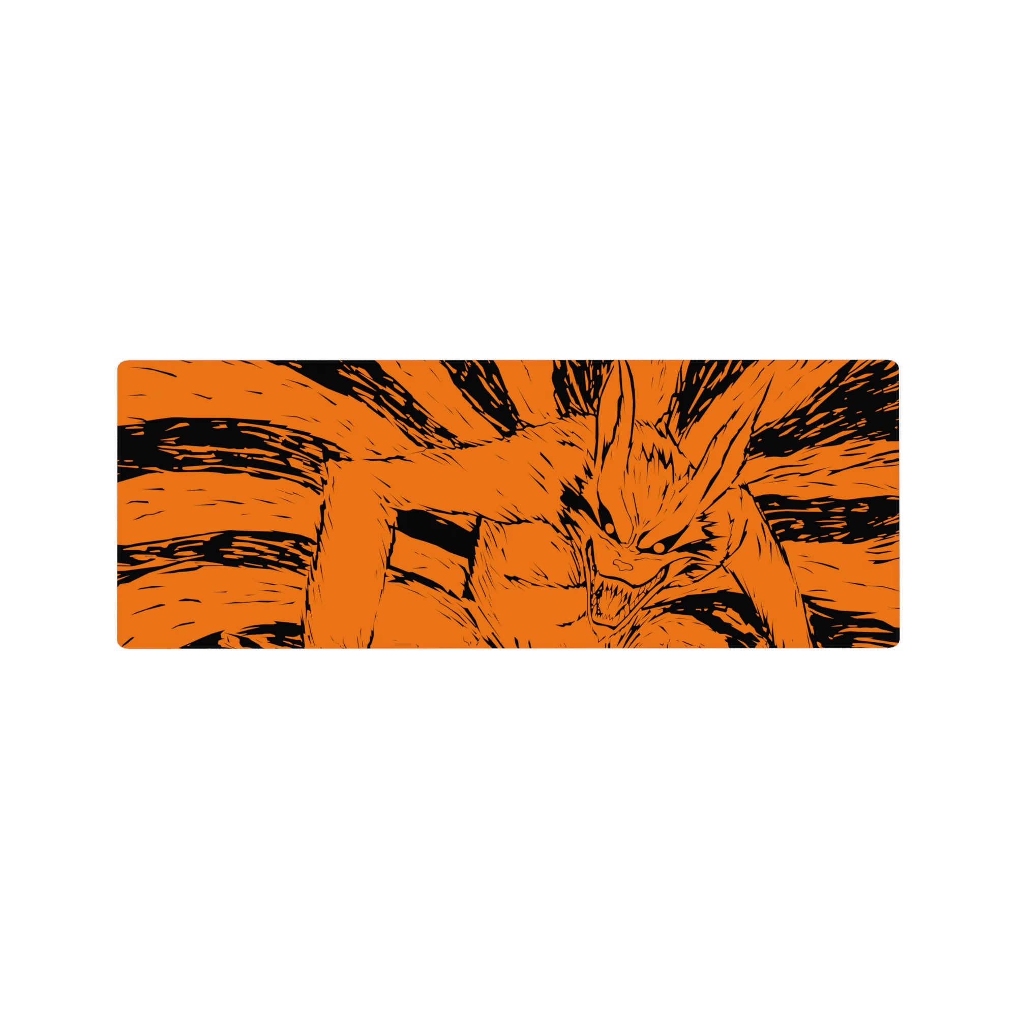 32x12 inches anime mouse pad with Kurama Nine-Tails manga-style line art lunging across the desk.