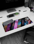 Deep space starfield desk mat 32x12 inches featuring sleek diagonal slices and scattered tiny stars.