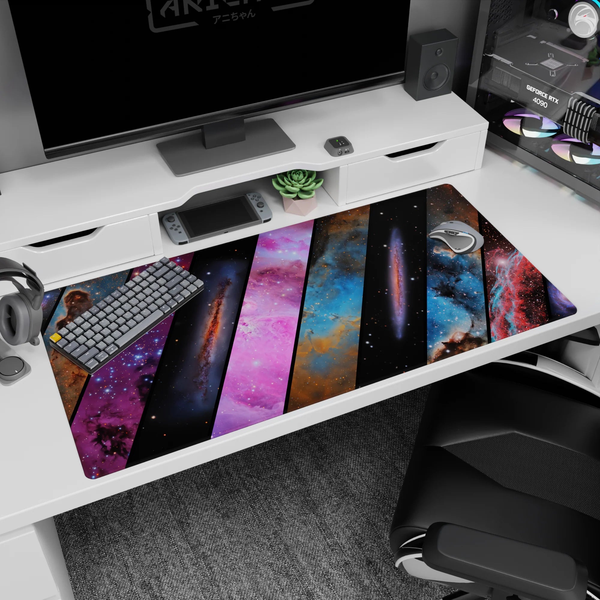 Deep space starfield desk pad 40x20 inches featuring tiny stars across sleek diagonal sections.