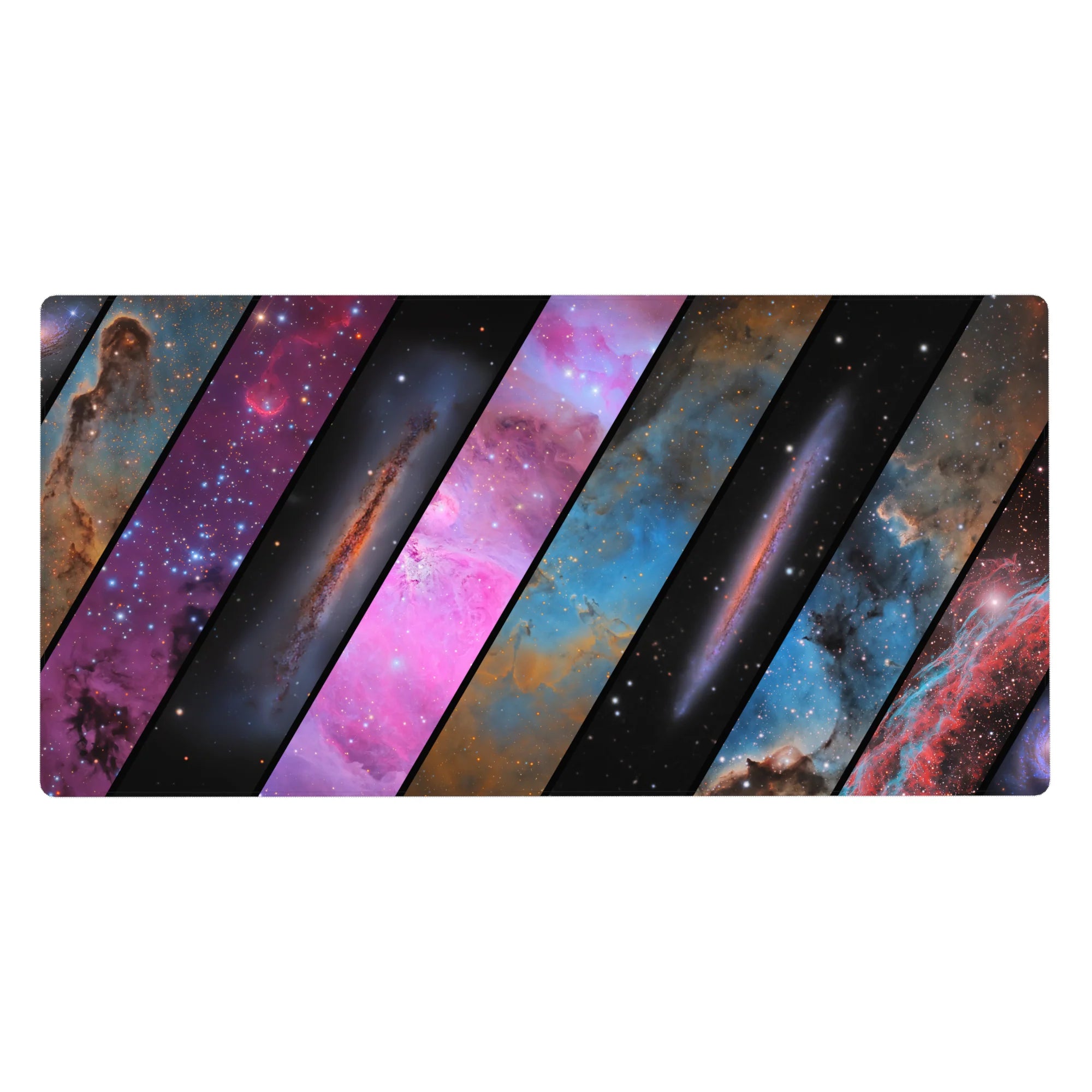 Galaxy geometric desk pad 40x20 inches with diagonal panels and scattered star confetti pattern.