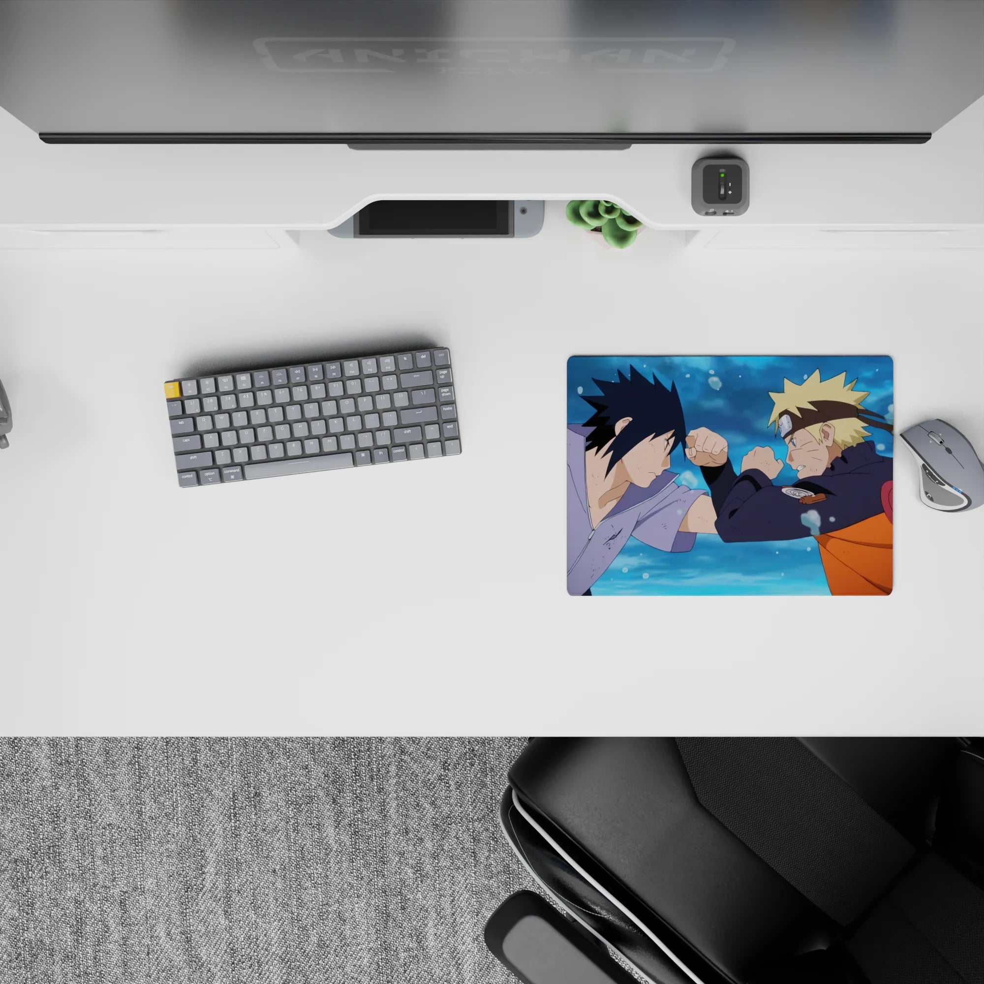 Dramatic 14x10 inches anime mouse pad in blue splash tones with bold orange, black, and lavender accents.
