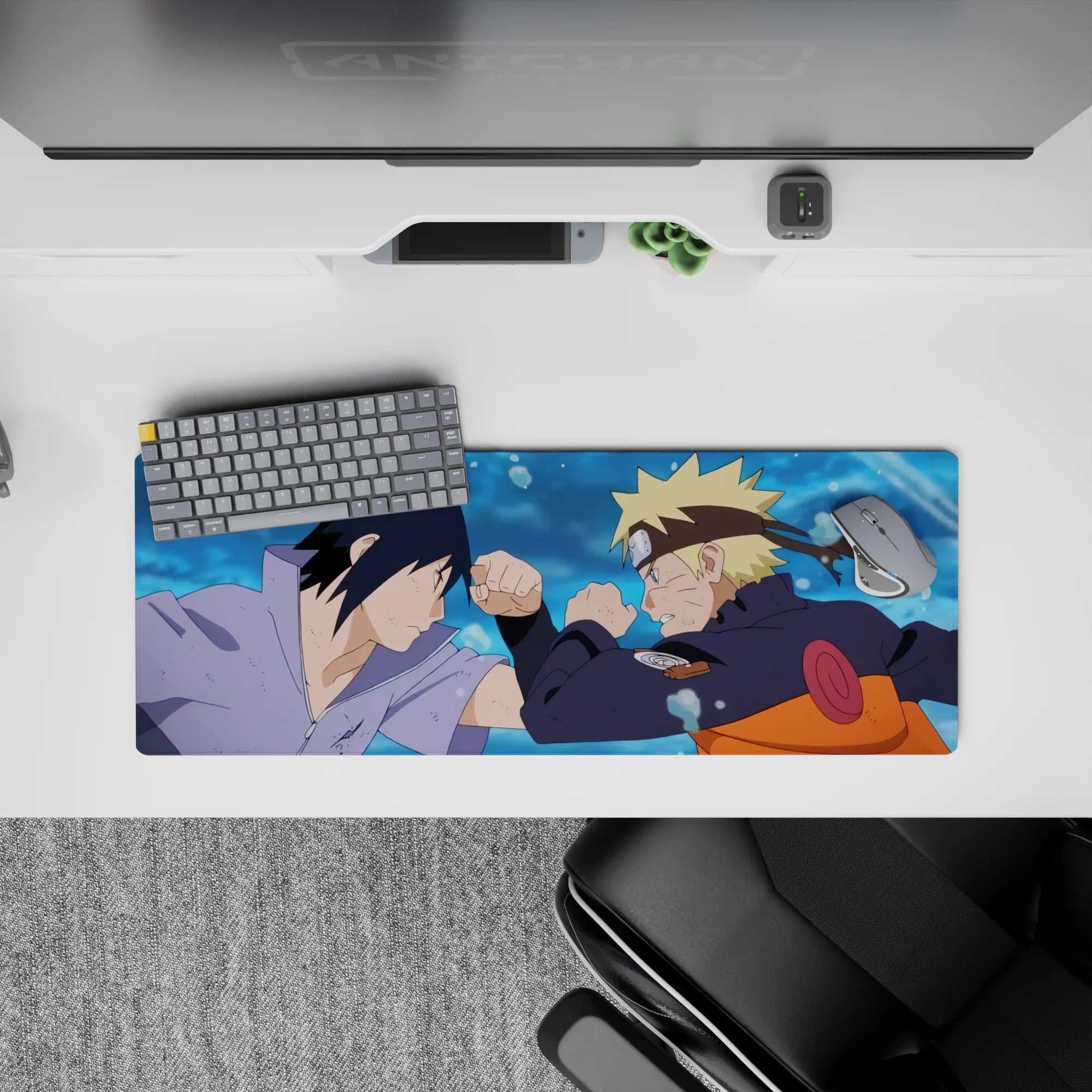 32x12 inches anime mouse pad in blue splash tones with orange, black, and lavender accents, punchy feel.
