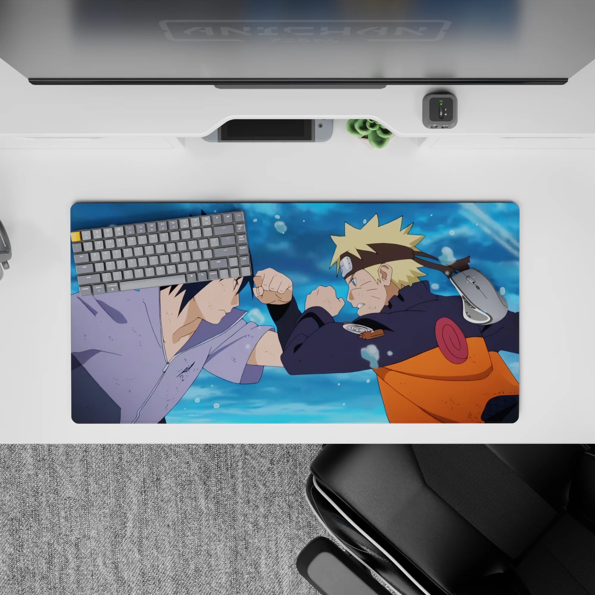32x16 inches anime mouse pad in blue splash tones with bold orange, black, and lavender highlights.