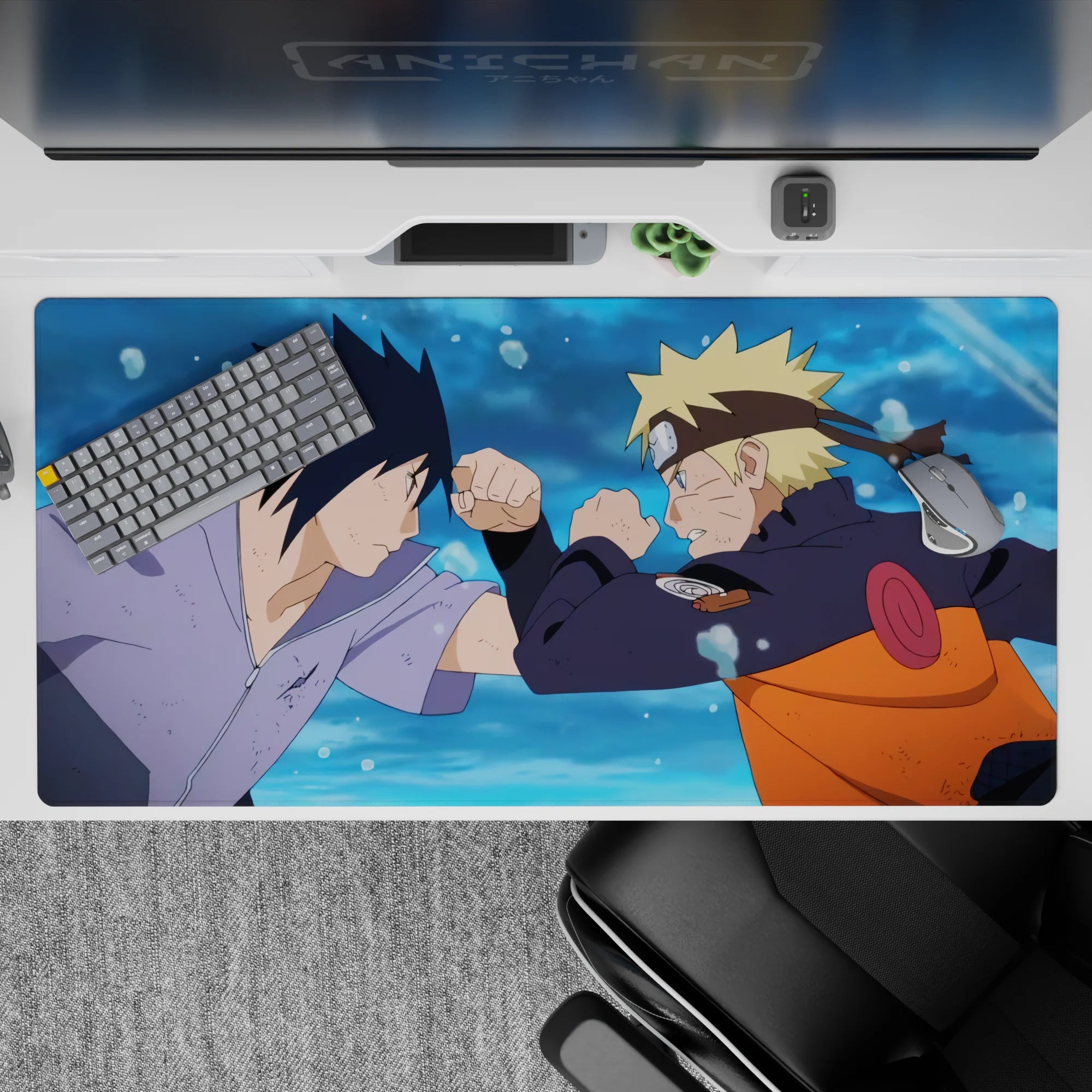Blue water-splash backdrop anime desk pad 40x20 inches with bold orange, black, and lavender tones.